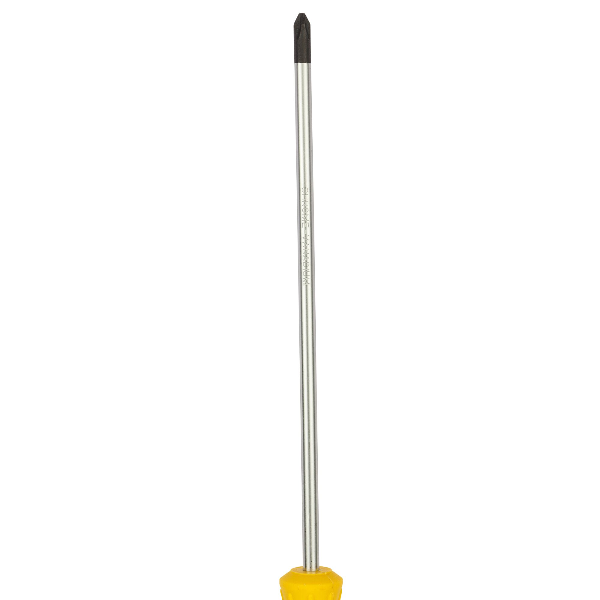 STANLEY STMT60812-8 long shaft Phillips screwdriver with yellow handle, product front angle, white background.