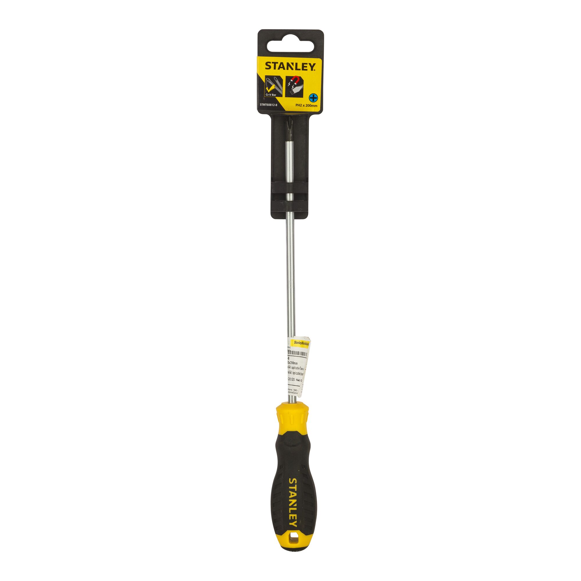 Stanley STMT60812-8 long Phillips screwdriver with black and yellow handle, front view on white background.