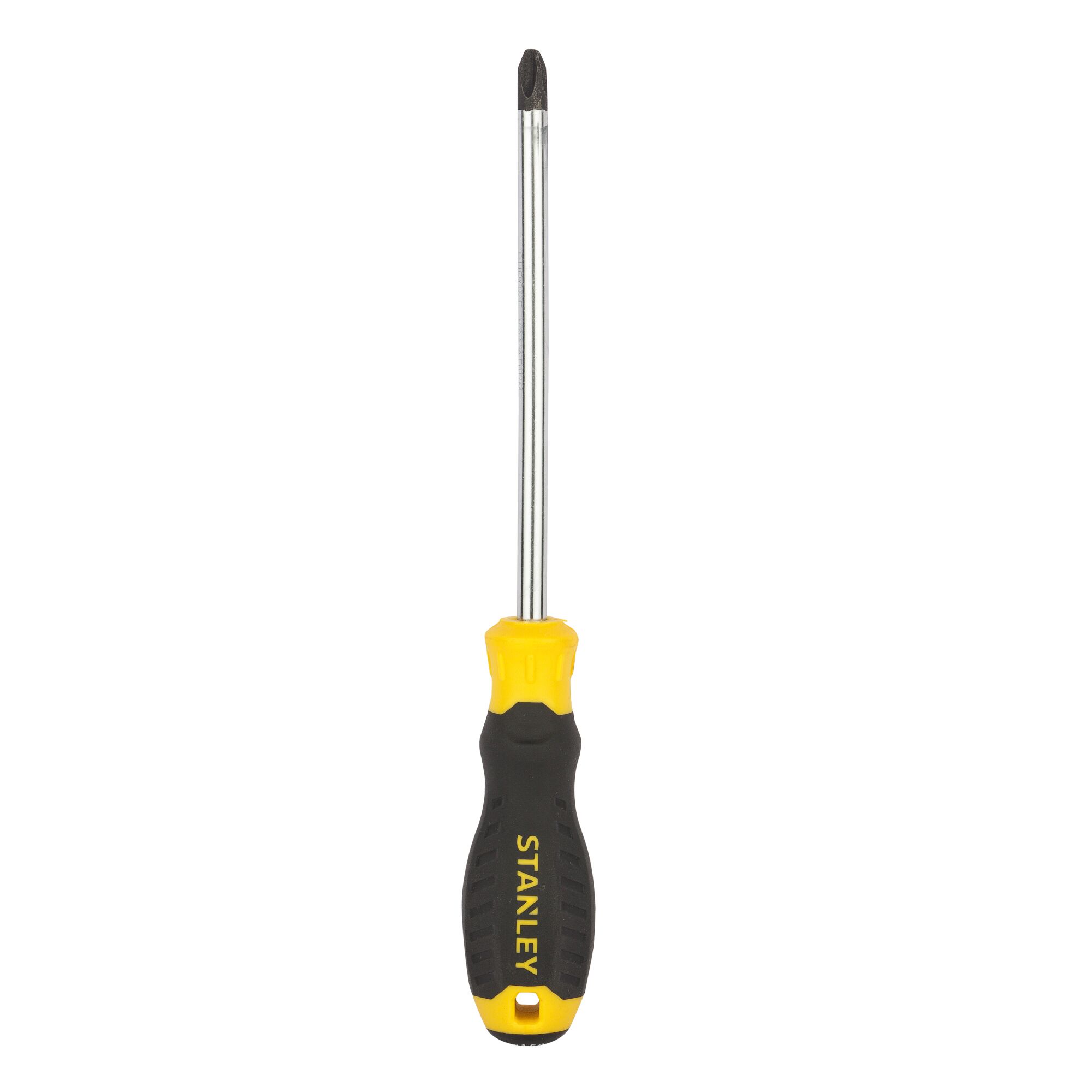 STANLEY STMT60814-8 black and yellow Phillips screwdriver, straight view, photography product image.