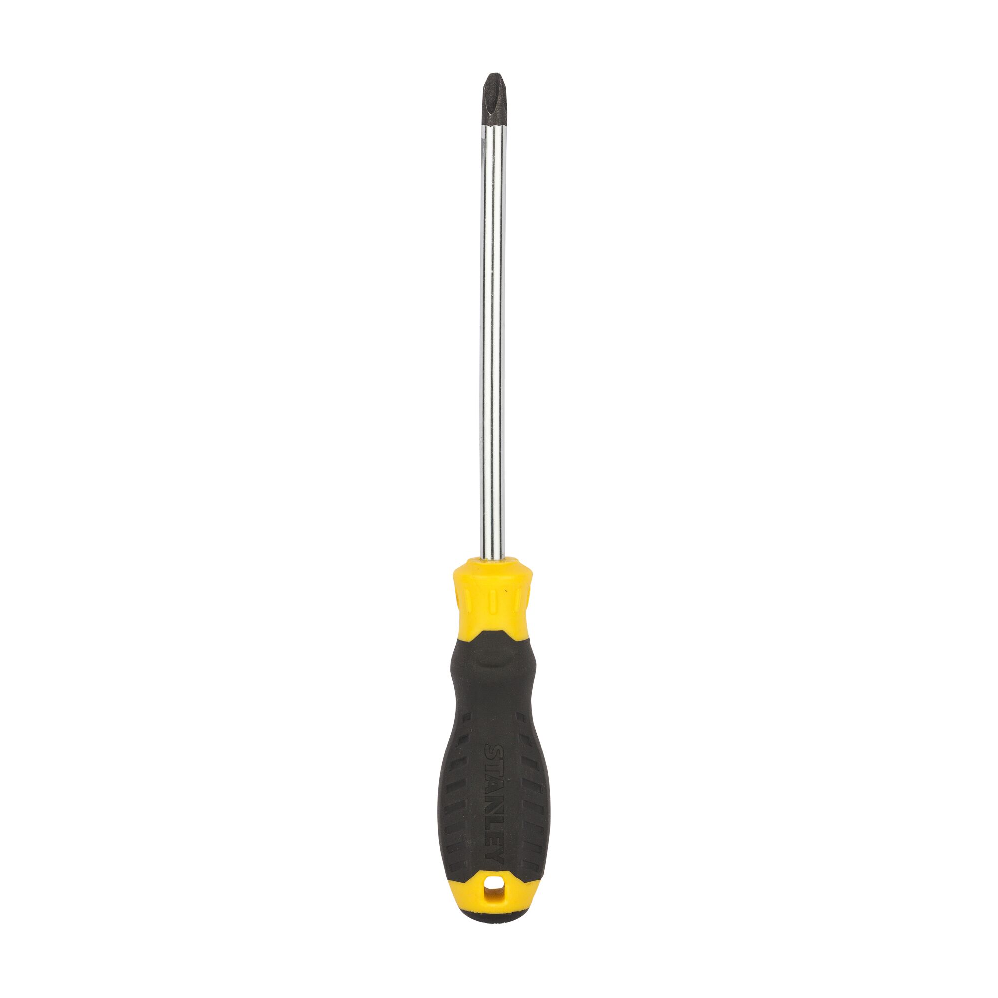 STANLEY STMT60814-8 Phillips screwdriver with black and yellow handle, front view, on white background.