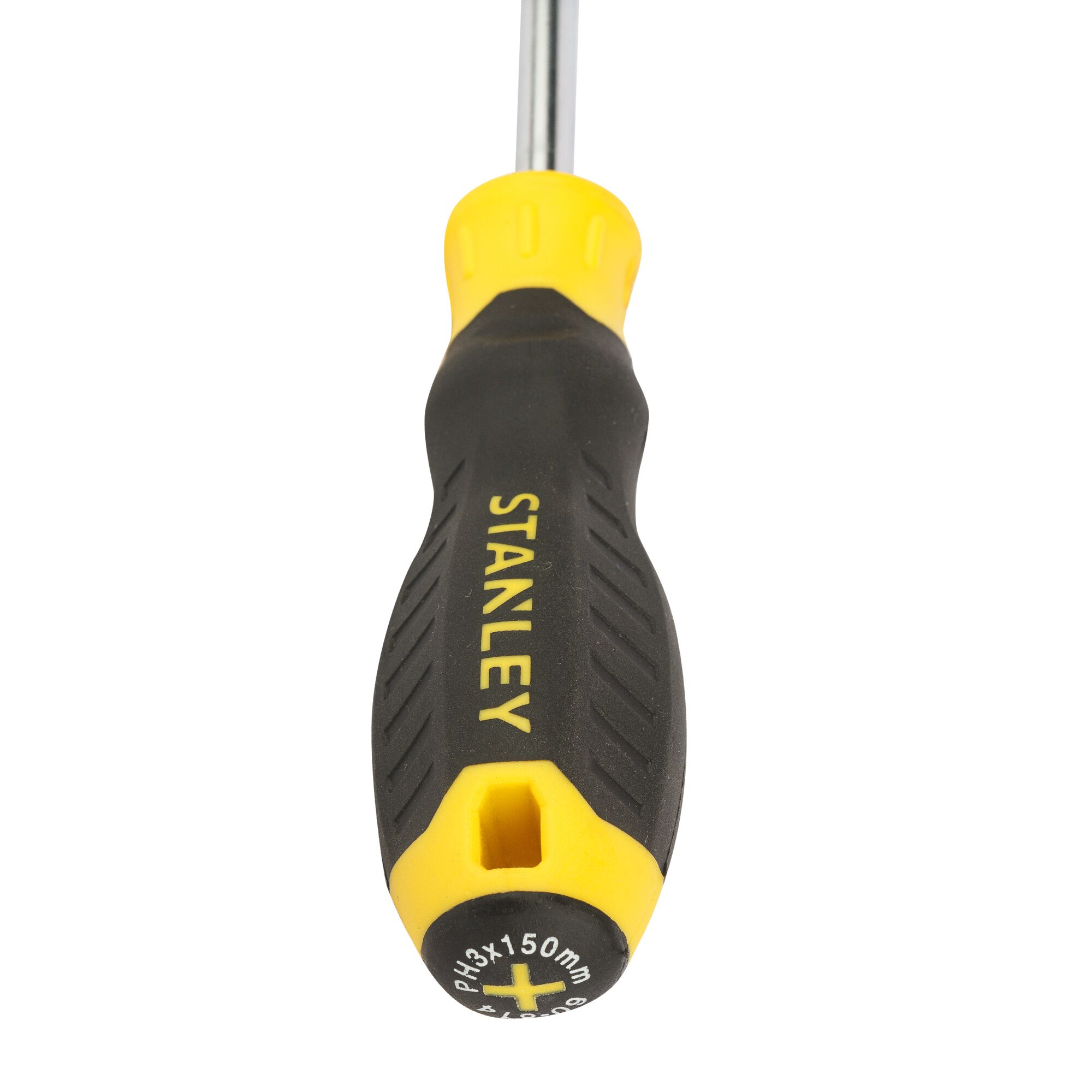 Photo of STANLEY STMT60814-8 screwdriver with black and yellow ergonomic handle, top view, tool category.