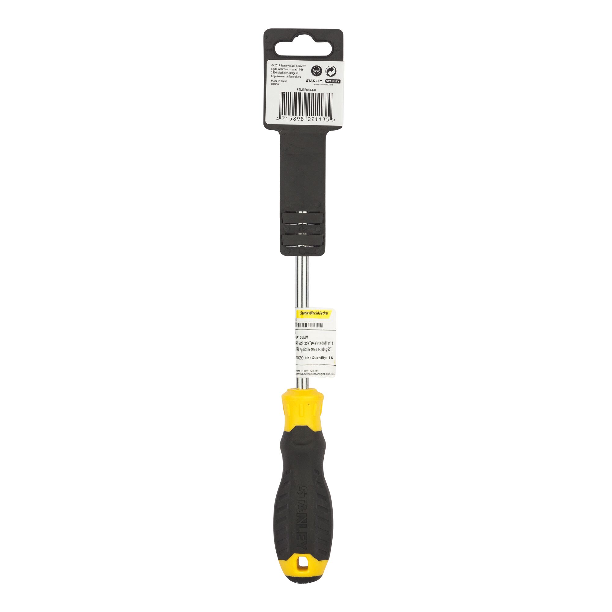 STANLEY STMT60814-8 screwdriver with black and yellow handle, photography, front view on white background.