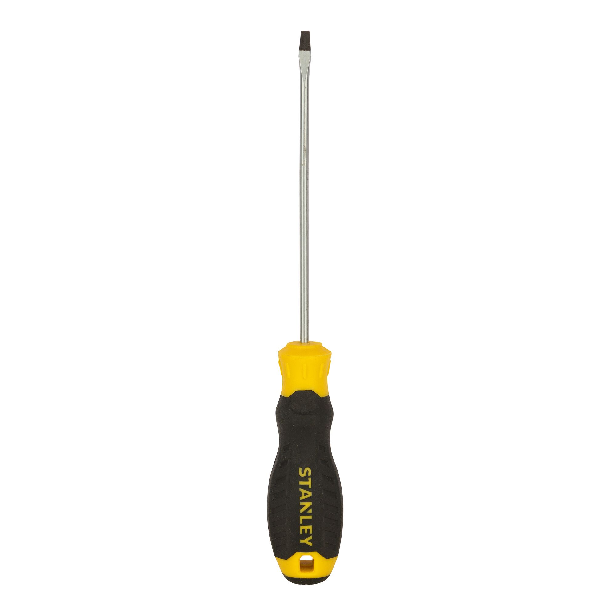 STANLEY STMT60816-8 slotted screwdriver with yellow and black ergonomic handle, front angle on white background.