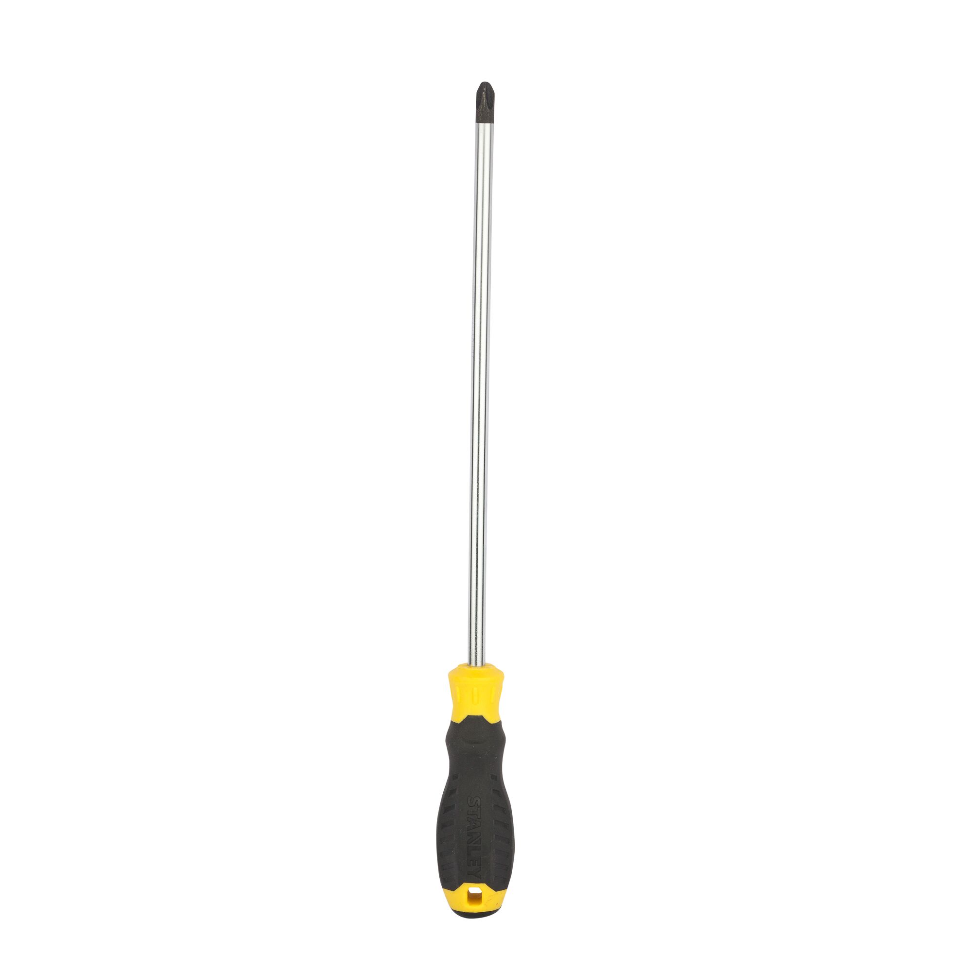 STANLEY STMT60816-840 Phillips screwdriver with black and yellow handle, front angle on white background.