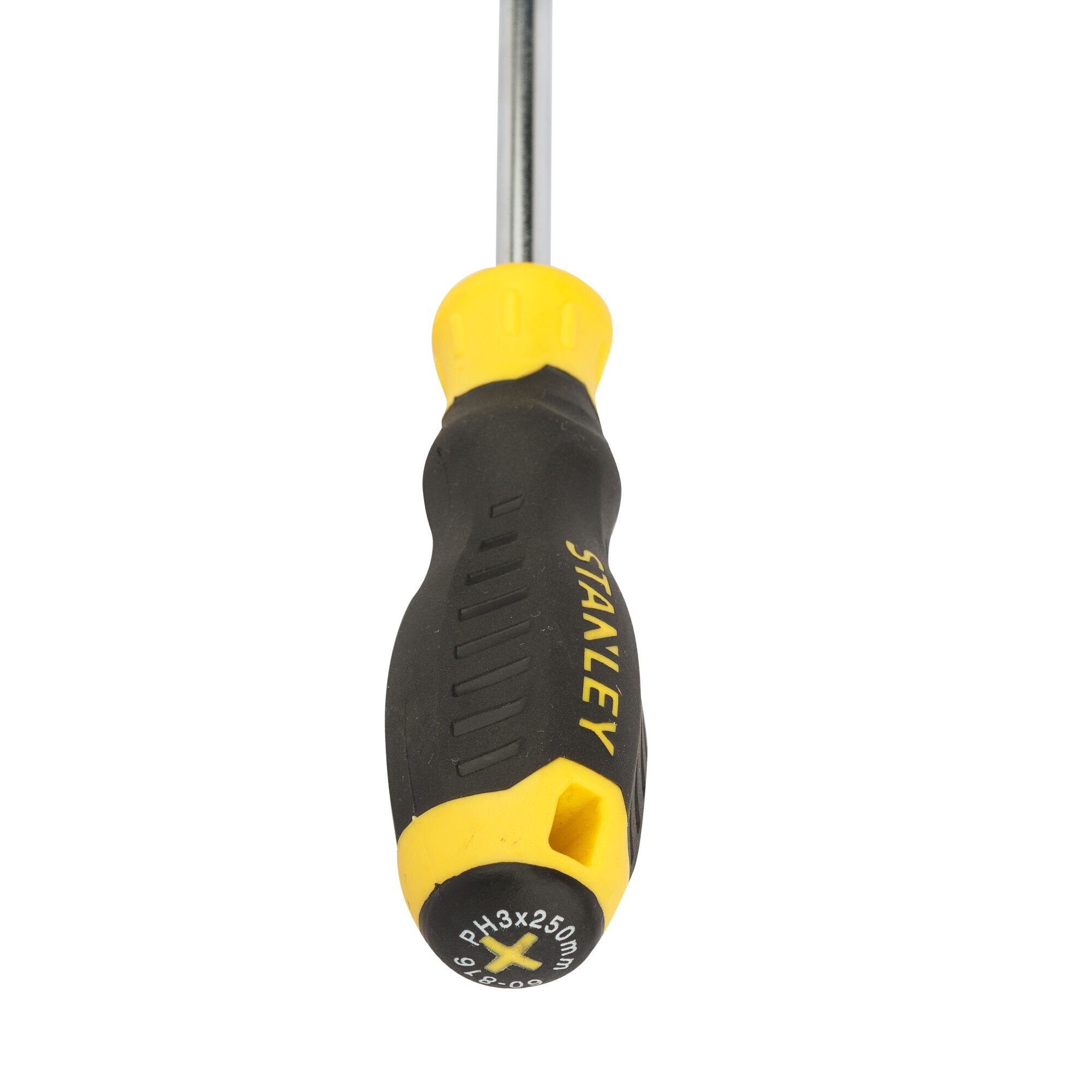 STANLEY STMT60816-840 black and yellow Phillips screwdriver, side angle on white background