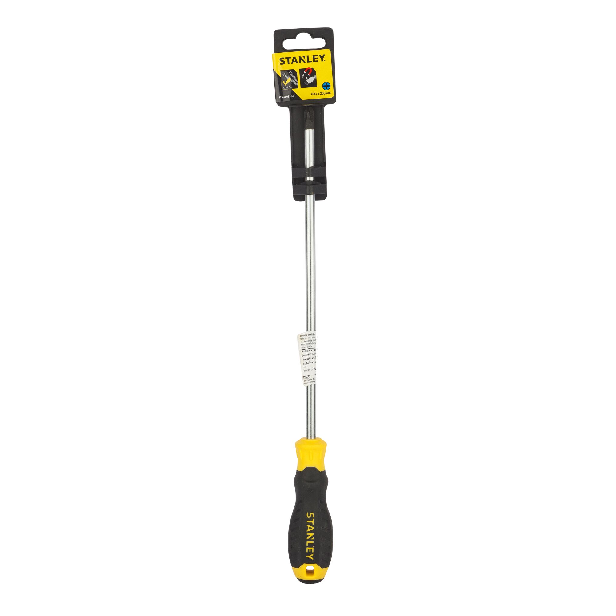 STANLEY STMT60816-840 long shaft screwdriver with black and yellow handle, front angle, white background.