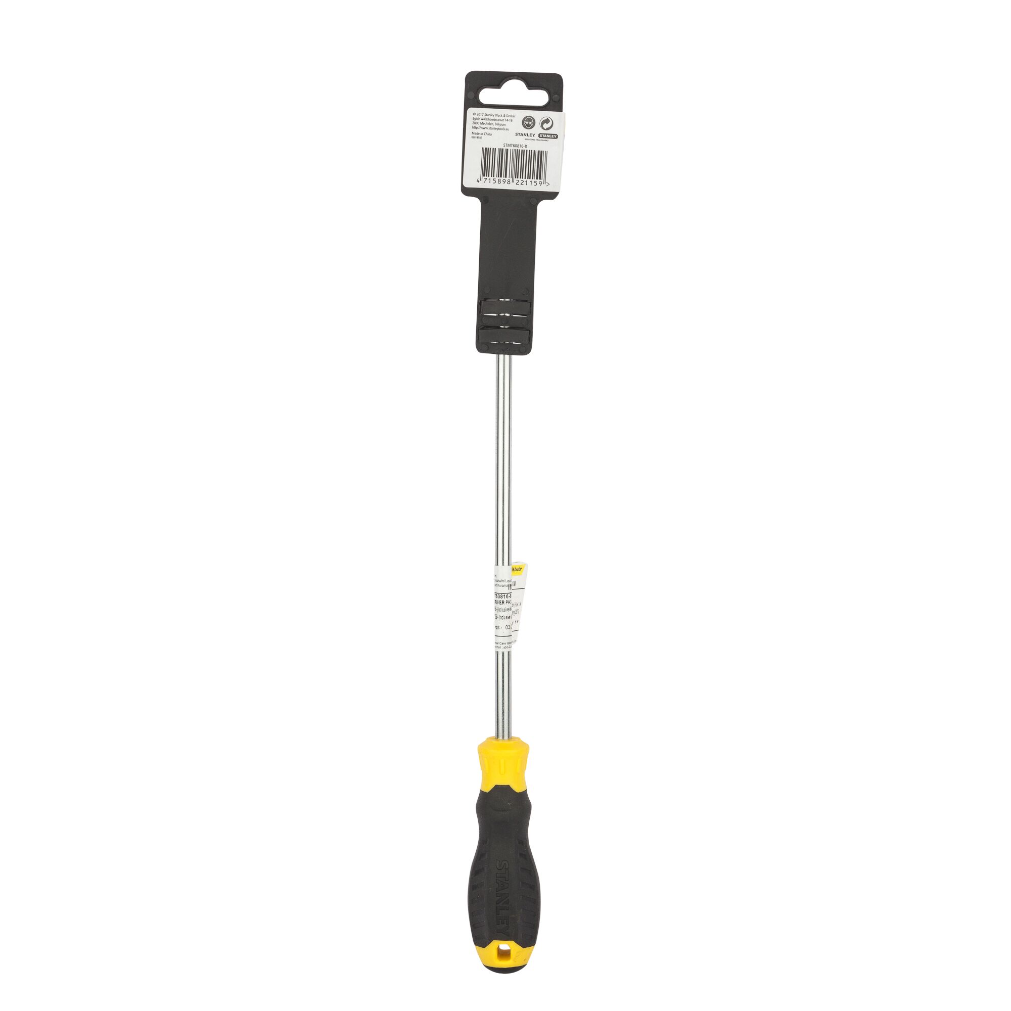 STANLEY STMT60816-840 long reach screwdriver, black and yellow handle, front angle on white background.
