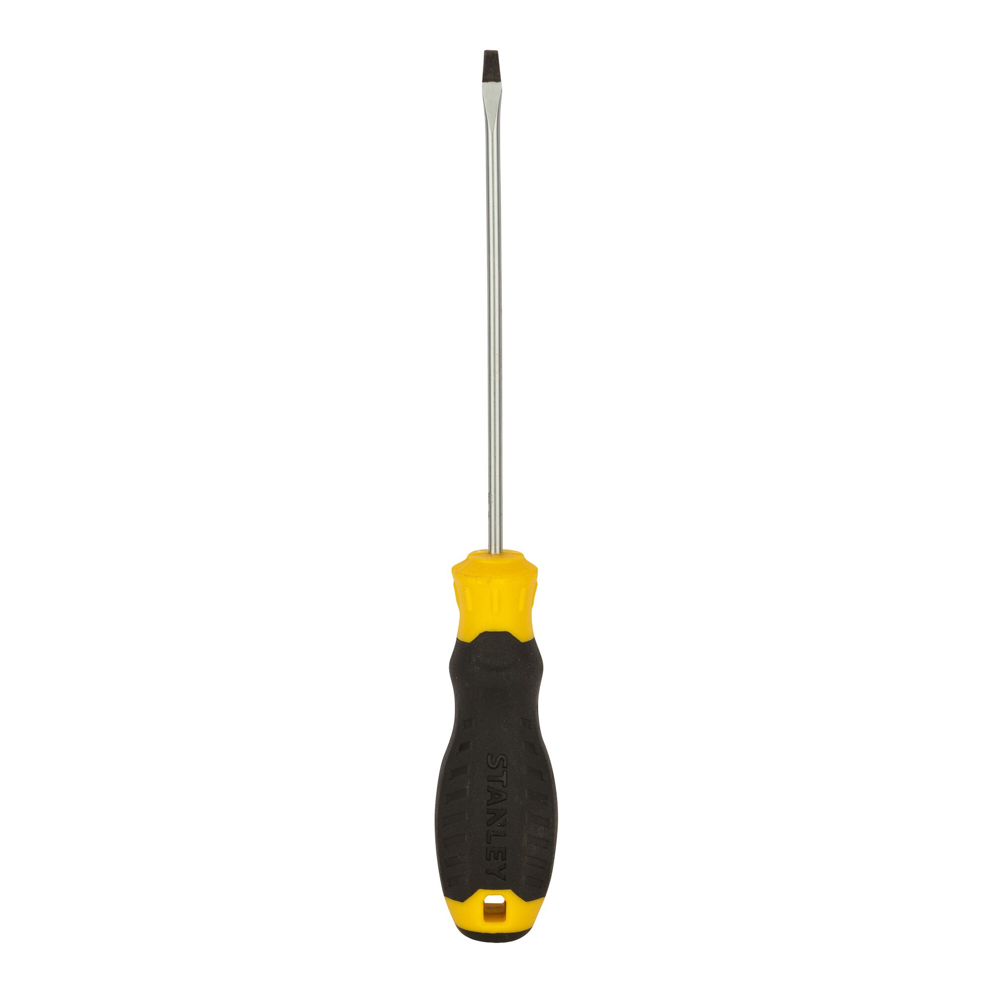 STANLEY STMT60818-8 slotted screwdriver with yellow and black handle, front angle, white background.