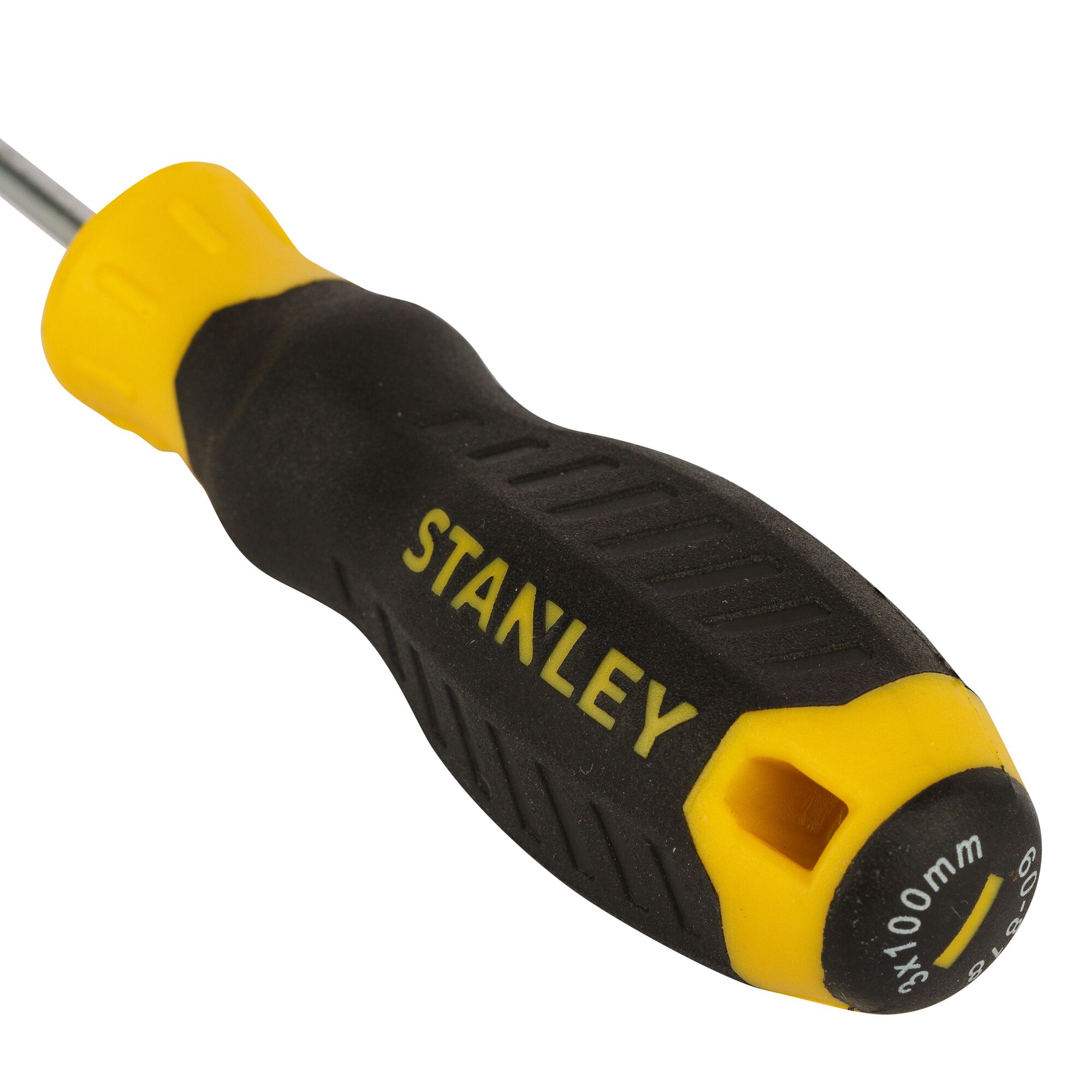 Photo of STANLEY STMT60818-8 screwdriver with black and yellow handle, close-up angle, white background.