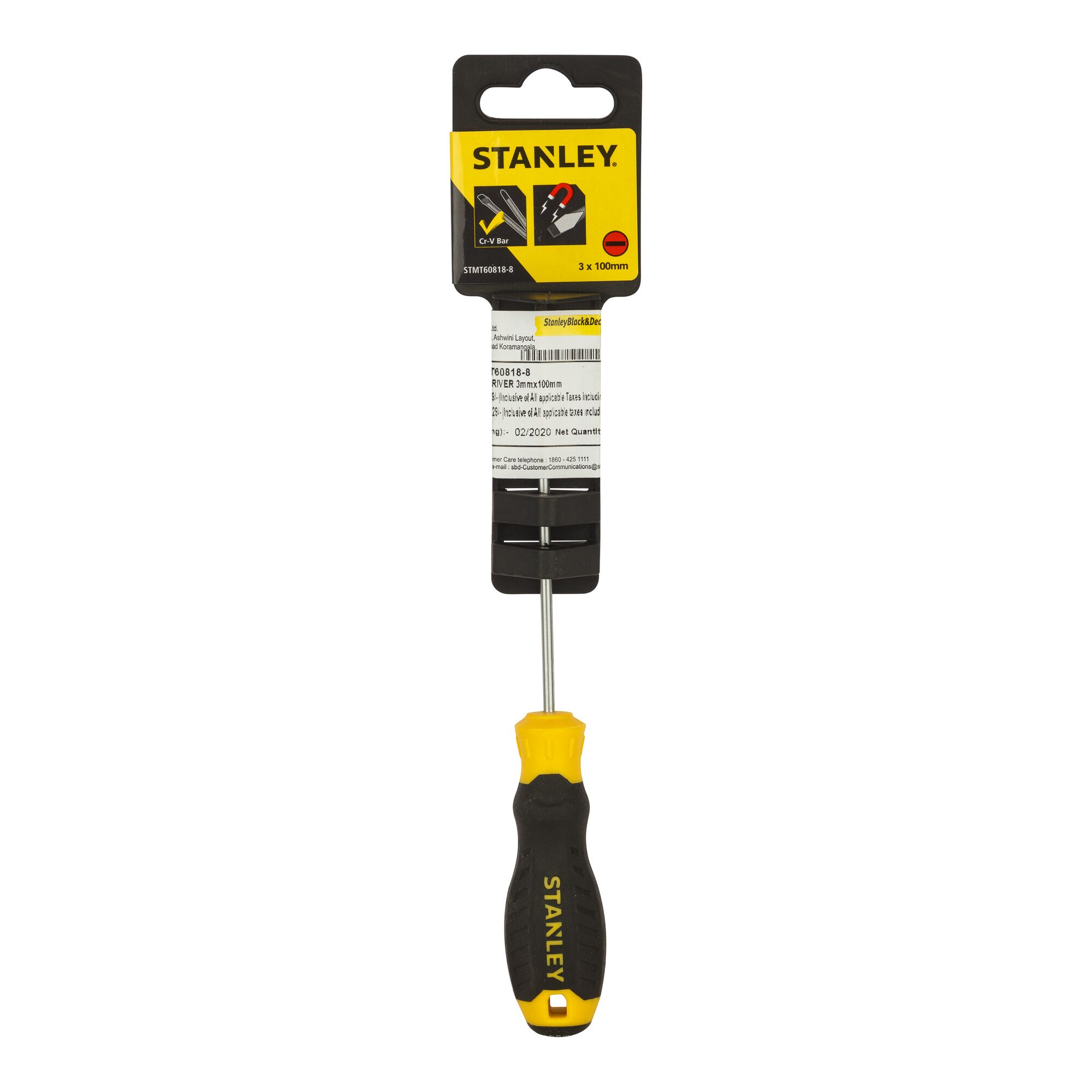 STANLEY STMT60818-8 screwdriver front view, black and yellow handle, metal shaft, photography on white background.