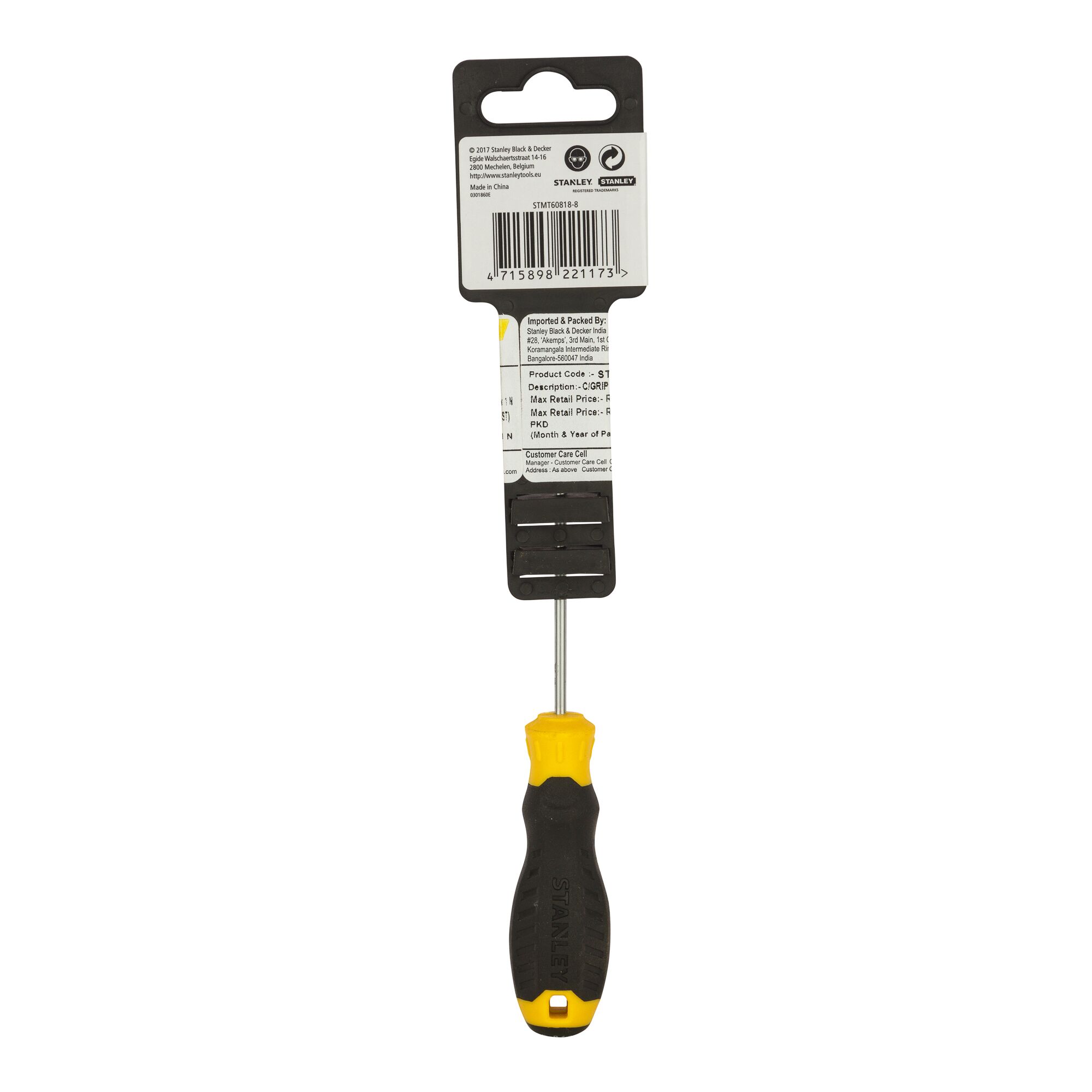 Photo of STANLEY STMT60818-8 screwdriver with black and yellow handle, packaged, rear view on white background.