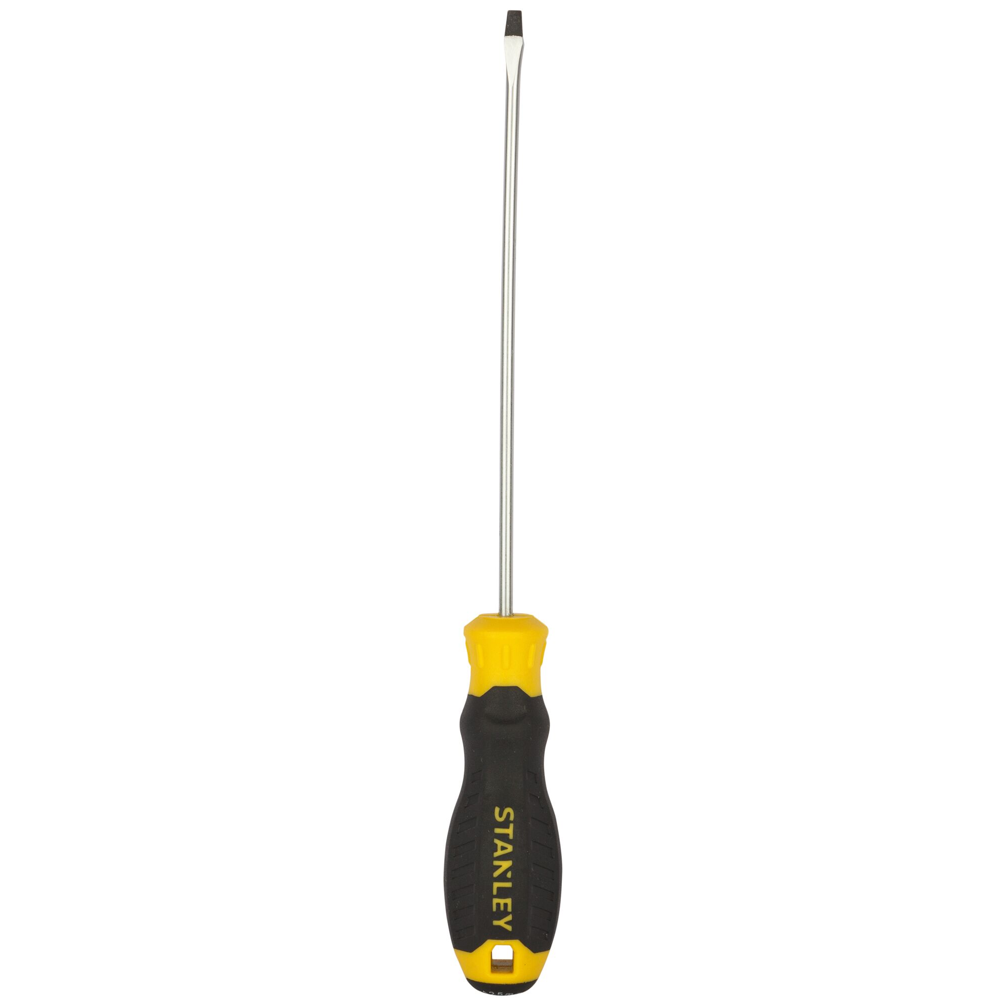 STANLEY STMT60819-8 flathead screwdriver with black and yellow handle, front view on white background.