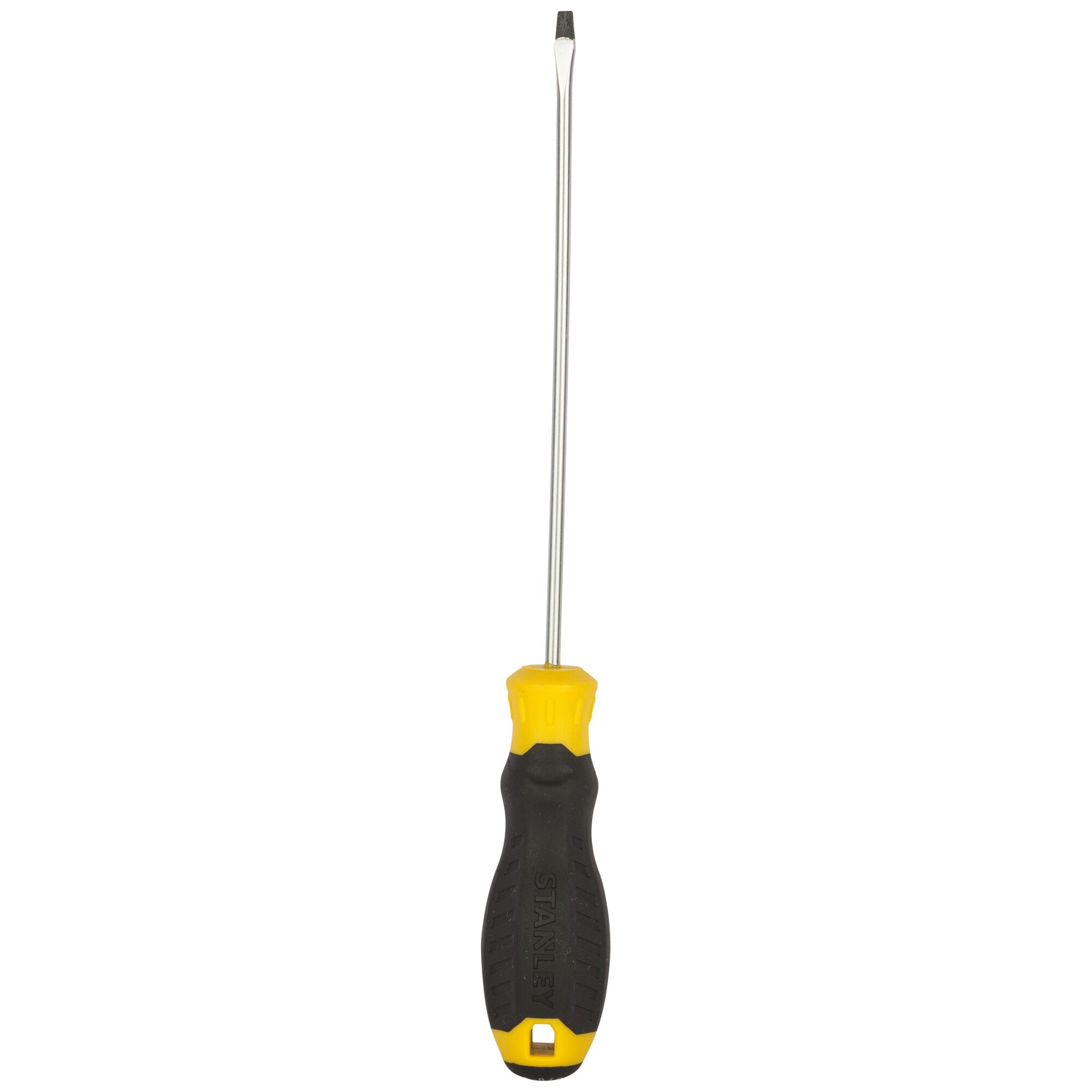 STANLEY STMT60819-8 screwdriver with yellow and black handle, flat head, front angle on white background.