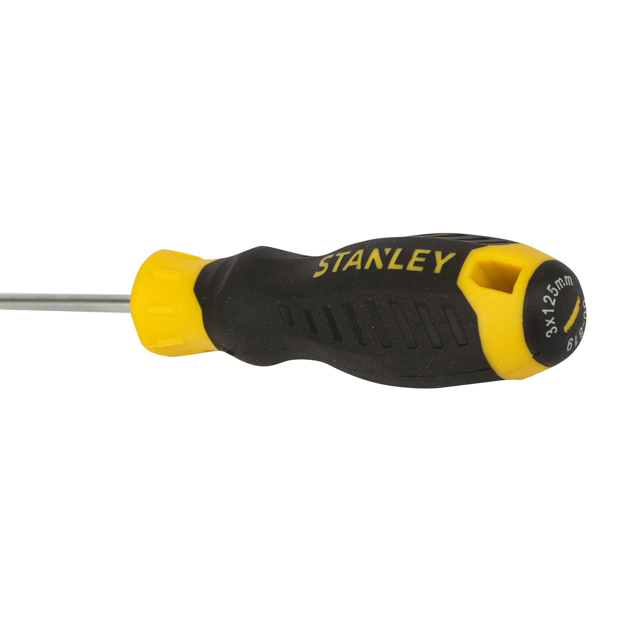 STANLEY STMT60819-8 screwdriver with black and yellow handle, white background, side angle.