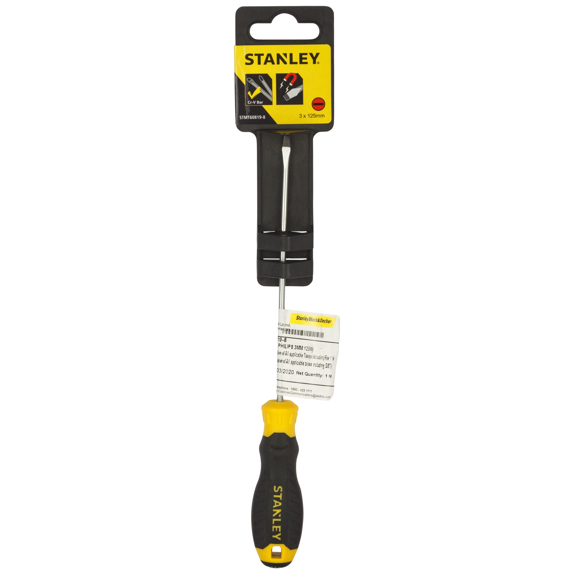 Stanley STMT60819-8 flathead screwdriver, yellow and black handle, product packaging, front view.