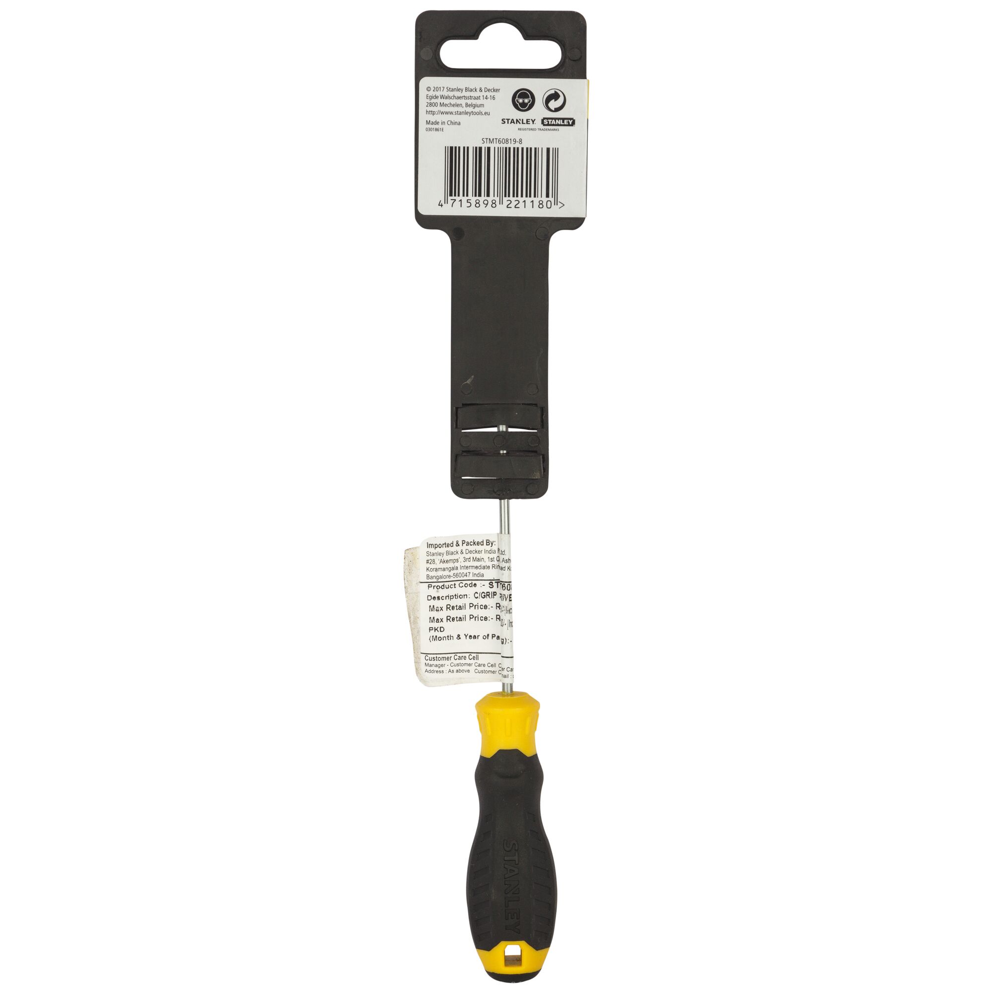 Stanley STMT60819-8 screwdriver with black and yellow handle, front view on white background.