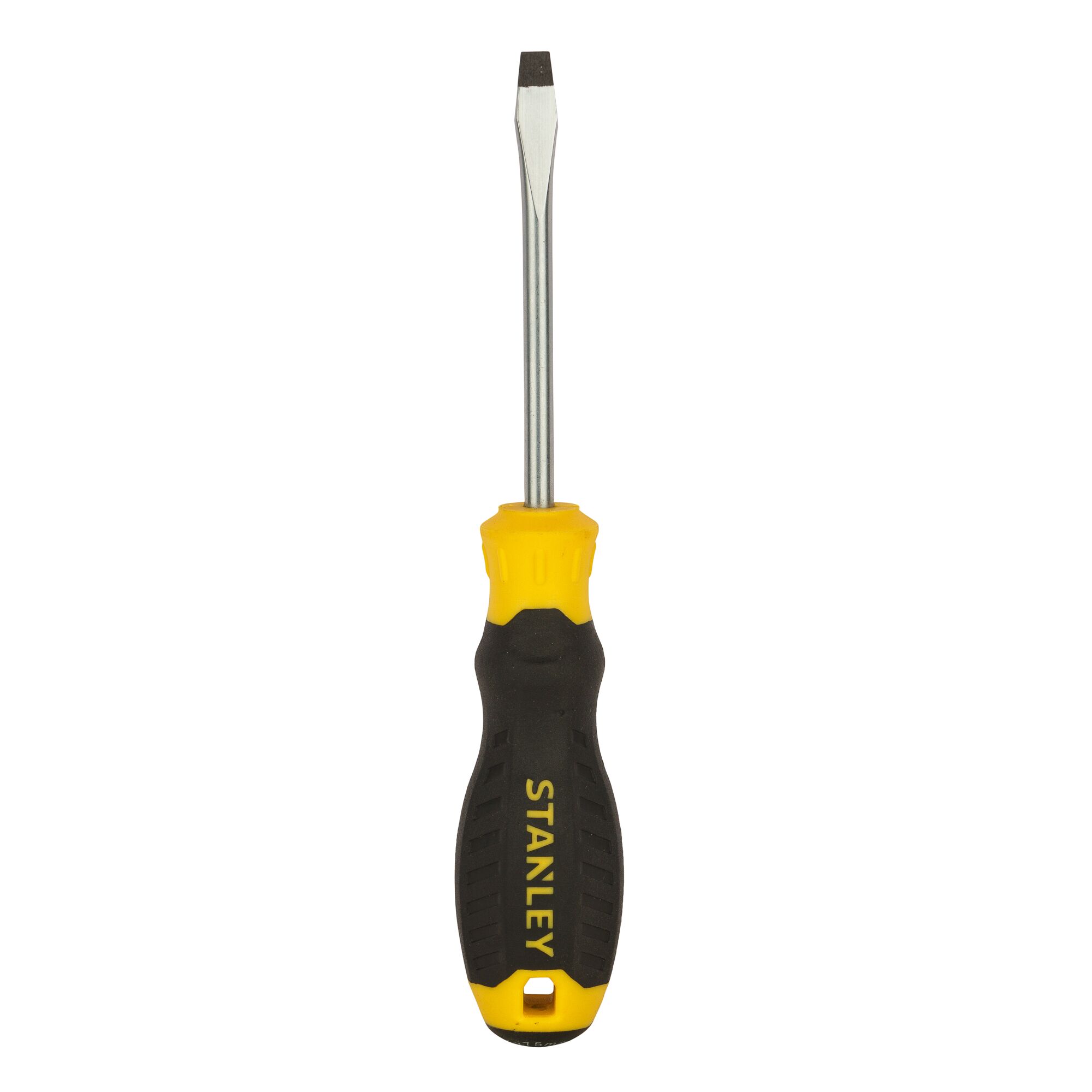 STANLEY STMT60821-8 flathead screwdriver with black and yellow handle, front angle on white background.