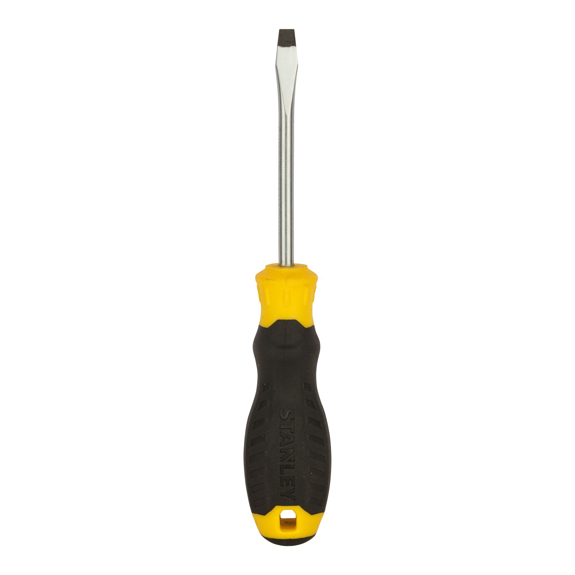 Stanley STMT60821-8 flathead screwdriver with black and yellow handle, photographed from front on white background.