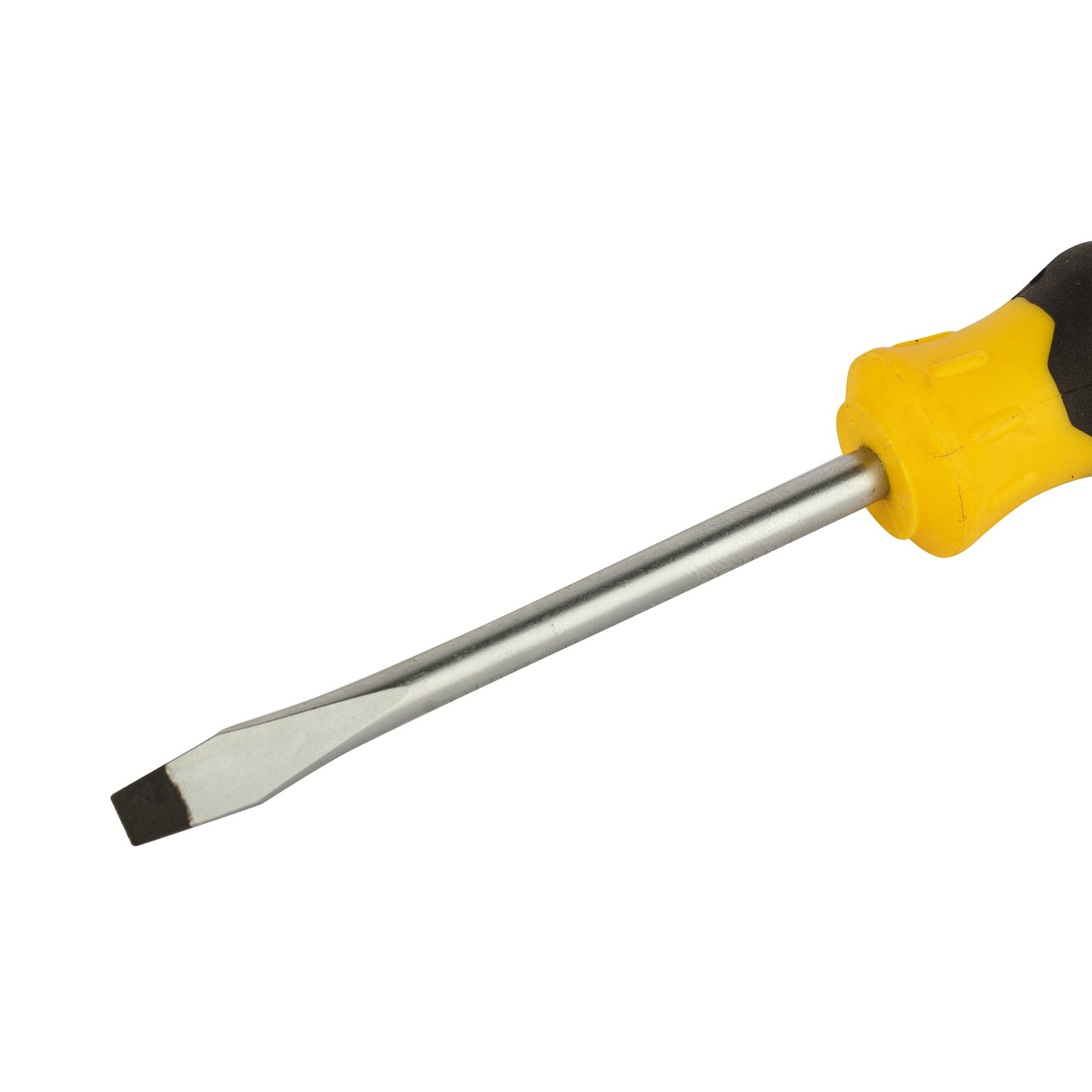 STANLEY STMT60821-8 flathead screwdriver with yellow and black handle, side angle on white background.