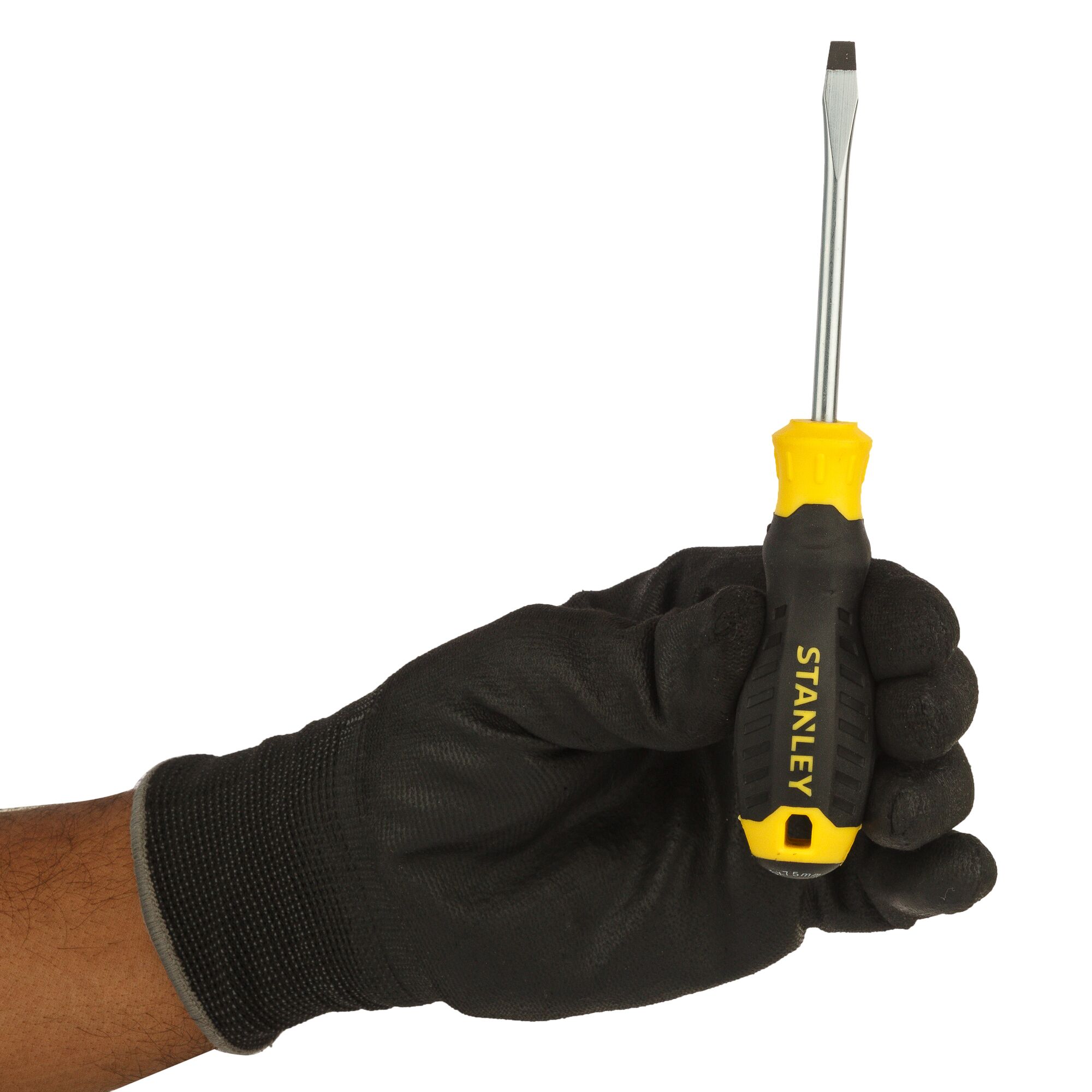 Photo of STANLEY STMT60821-8 flathead screwdriver with yellow and black handle held in a gloved hand.