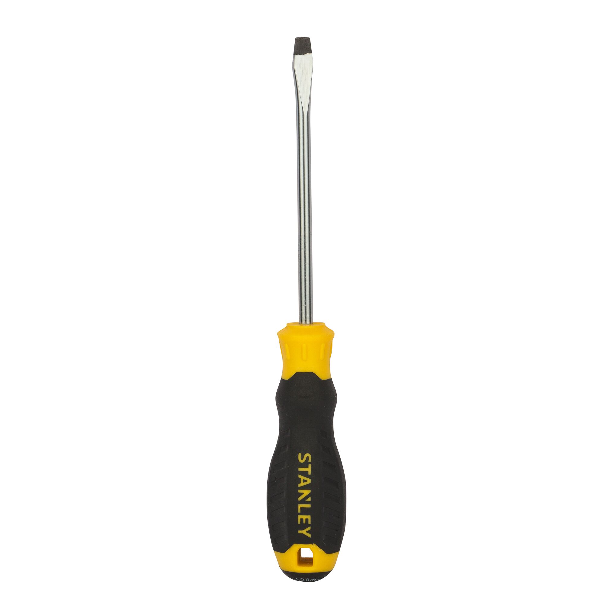 STANLEY STMT60822-8 flathead screwdriver with black and yellow handle, product angle on white background.