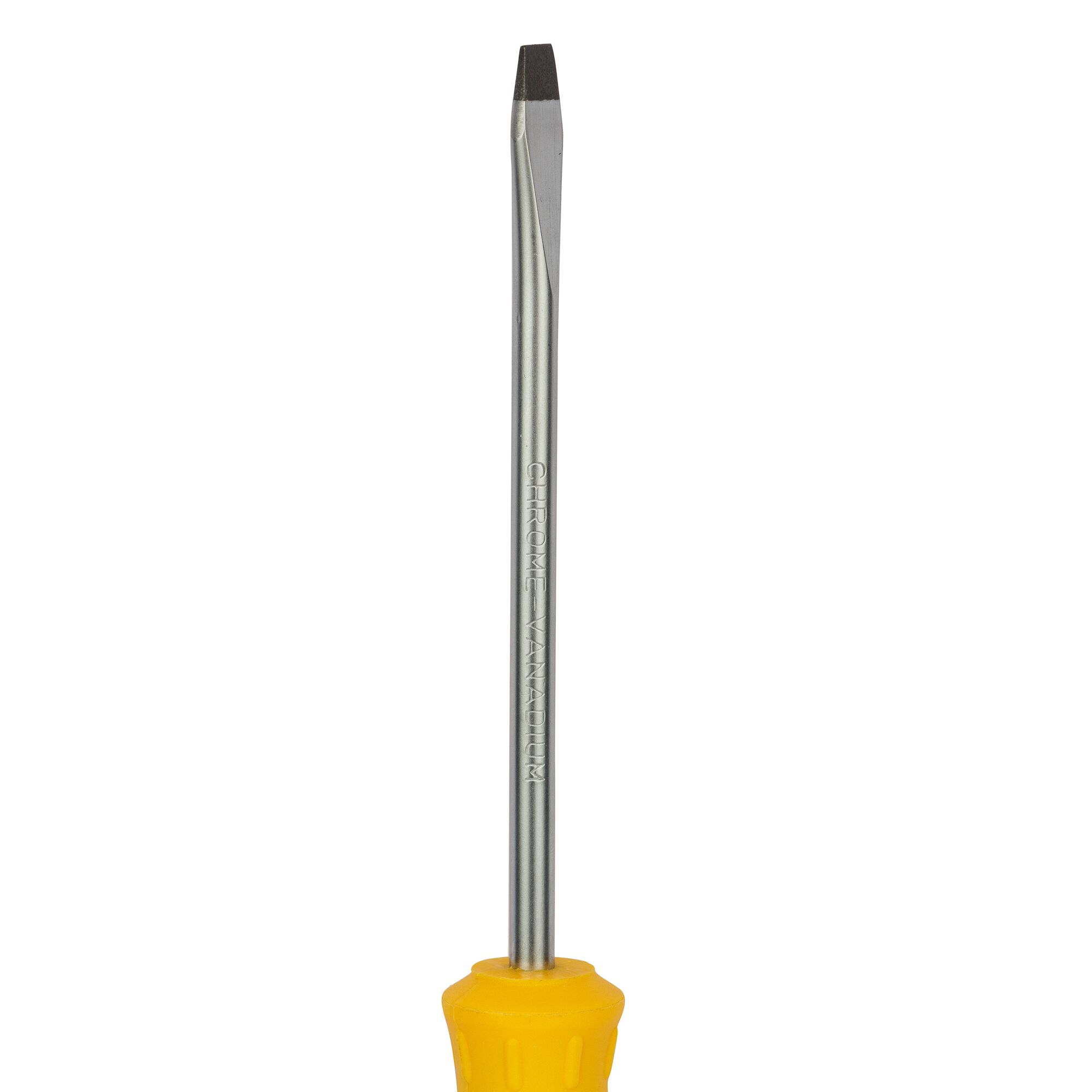 Photo of STANLEY STMT60822-8 flathead screwdriver with yellow handle, front view, white background.