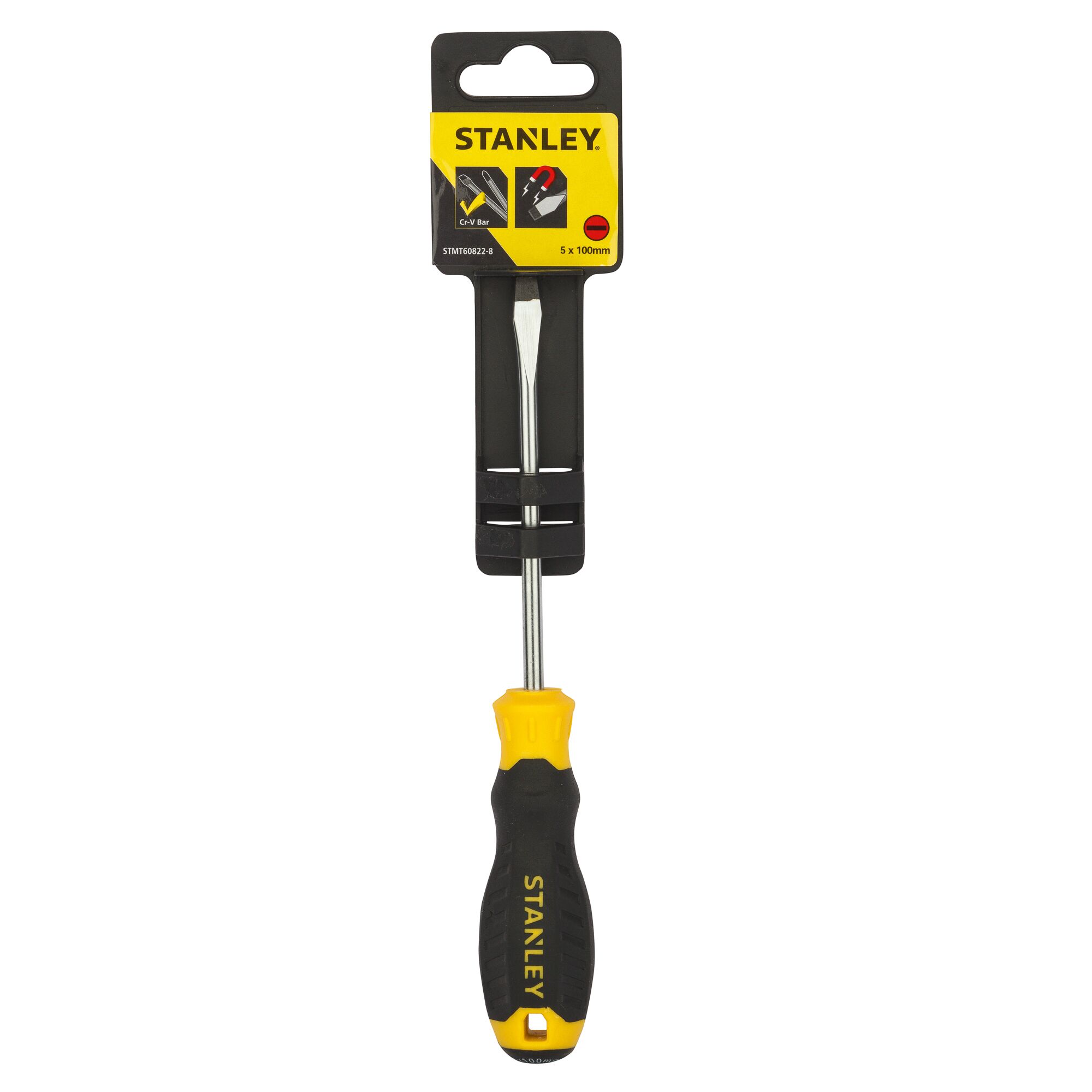 STANLEY STMT60822-8 flathead screwdriver with black and yellow handle, front angle, white background.