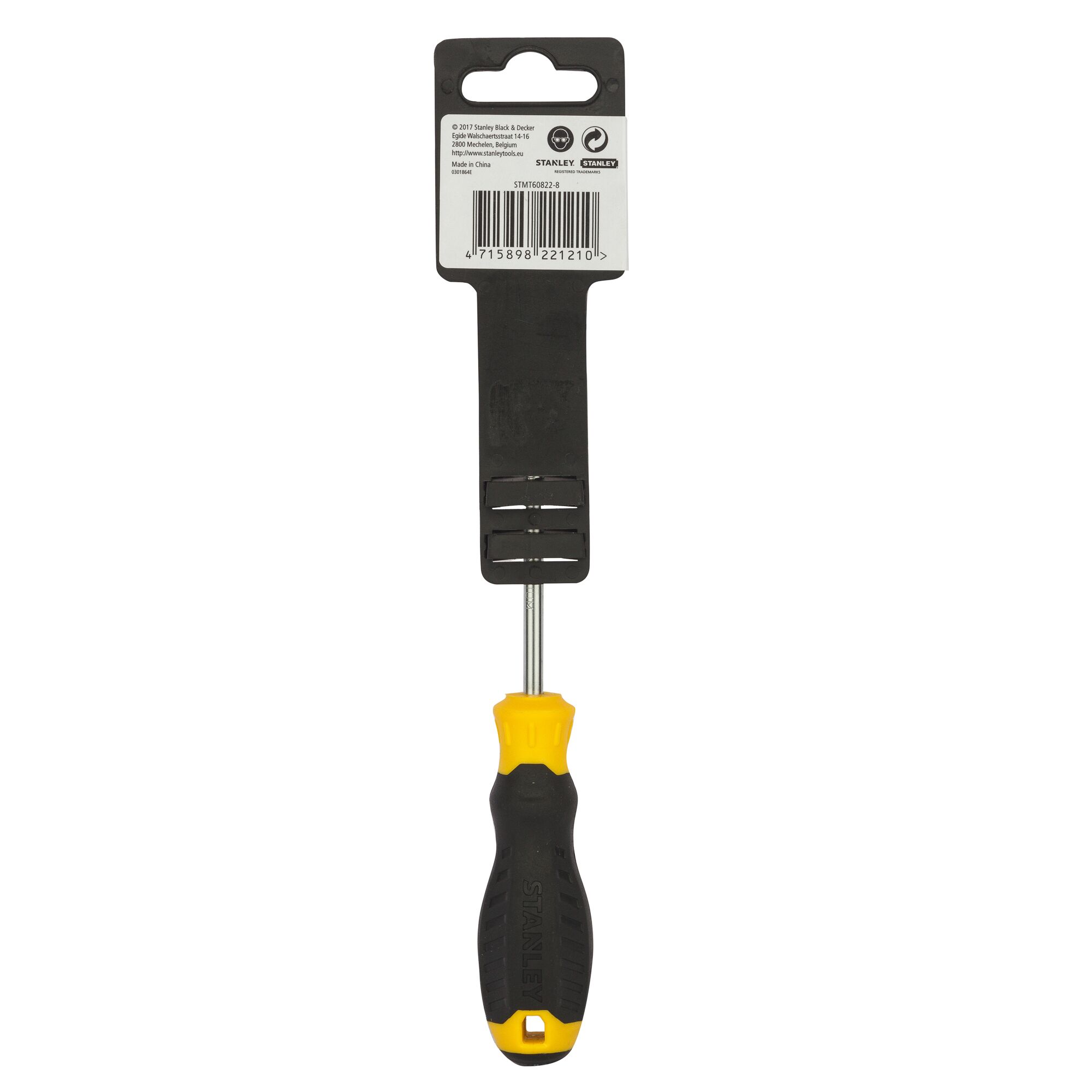 Stanley STMT60822-8 screwdriver with black and yellow handle, rear view on white background.