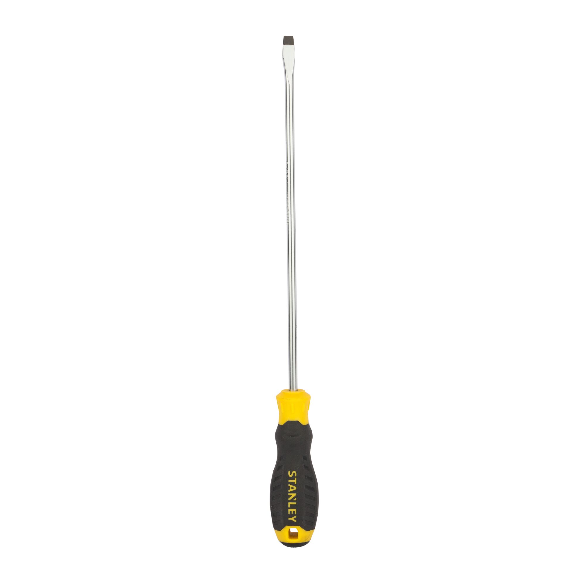 Stanley STMT60824-8 flathead screwdriver with black and yellow handle, front angle on white background.