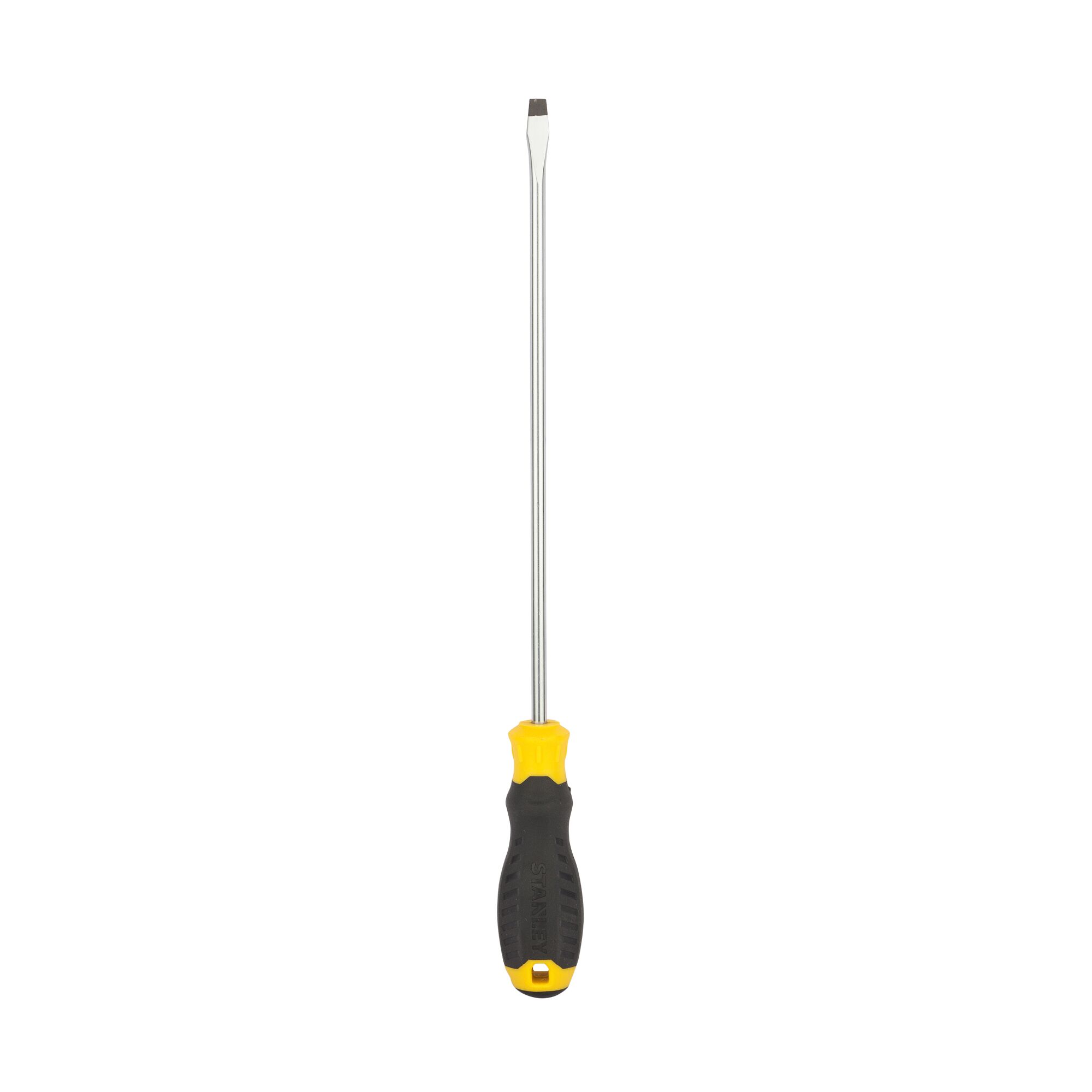 STANLEY STMT60824-8 flathead screwdriver with black and yellow handle, front angle, white background.