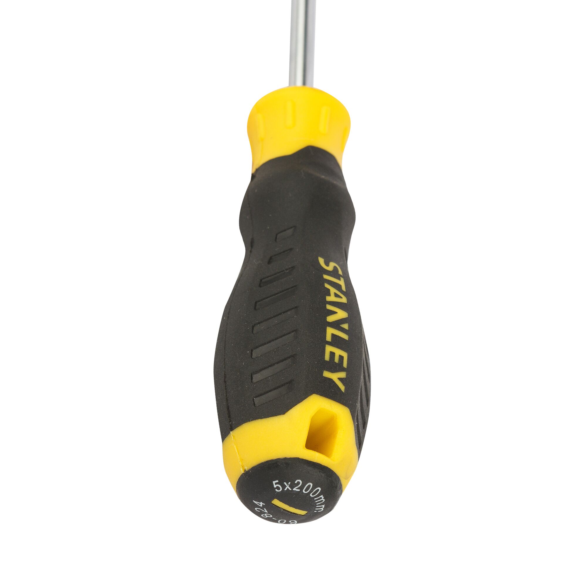 Stanley STMT60824-8 screwdriver, black and yellow handle, close-up angle, photography product.