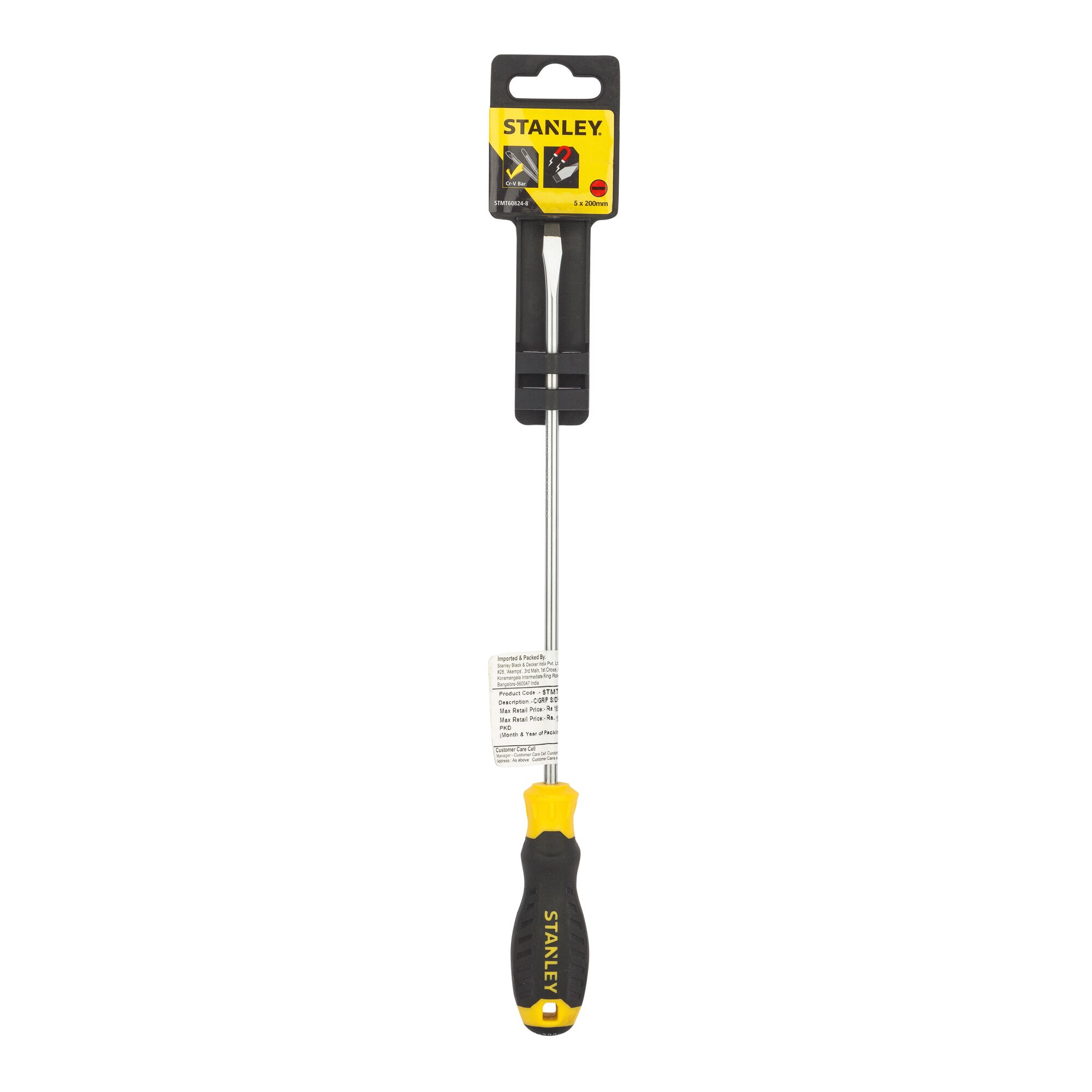 Photo of Stanley STMT60824-8 flathead screwdriver with black and yellow handle, front angle, white background.