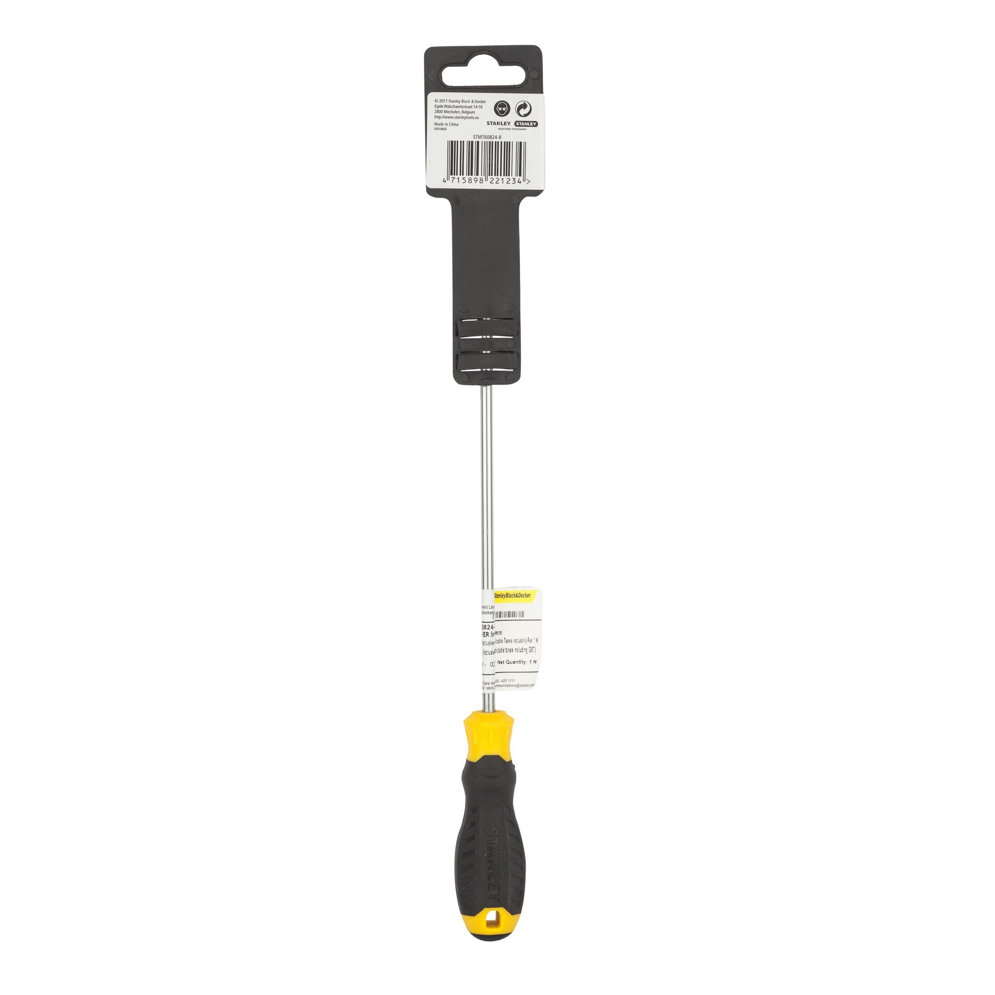 STANLEY STMT60824-8 long flat screwdriver with black and yellow handle, front angle, on white background.