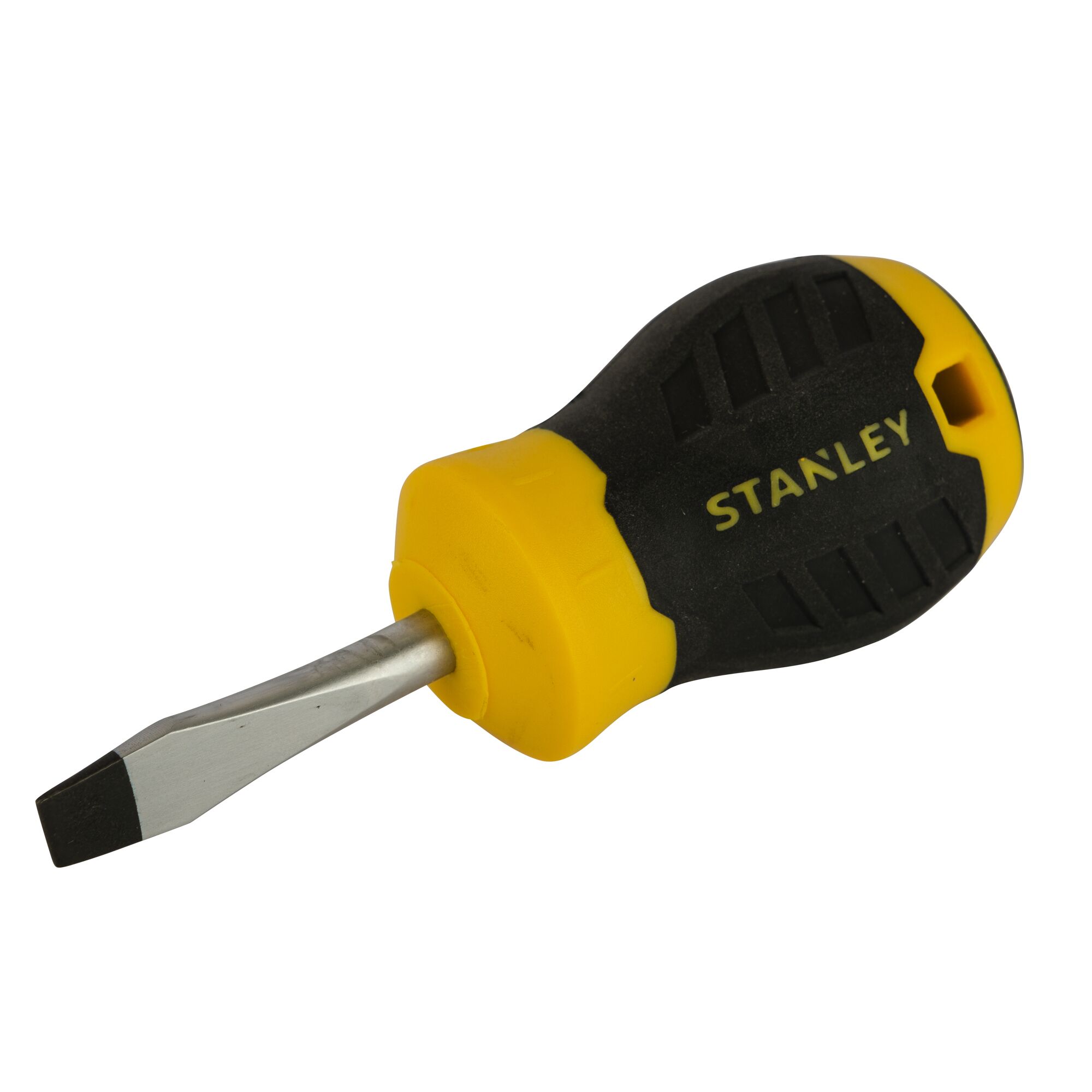 STANLEY STMT60825-8 stubby flathead screwdriver with black and yellow handle, side angle, white background.