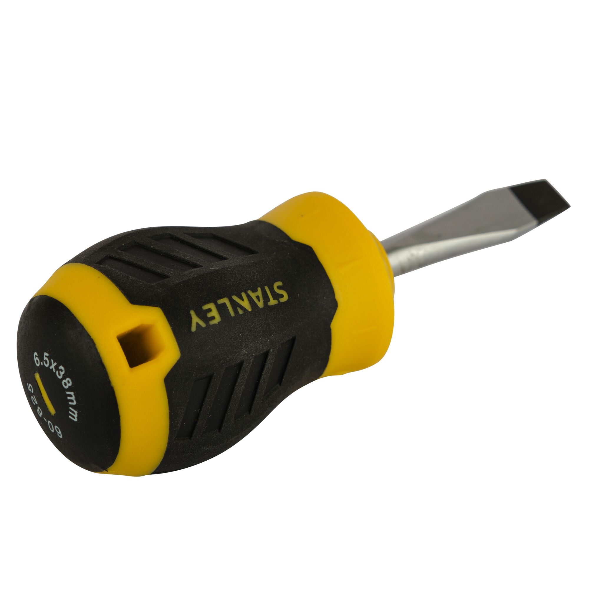 STANLEY STMT60825-8 stubby flathead screwdriver with yellow and black ergonomic handle, angled front view.