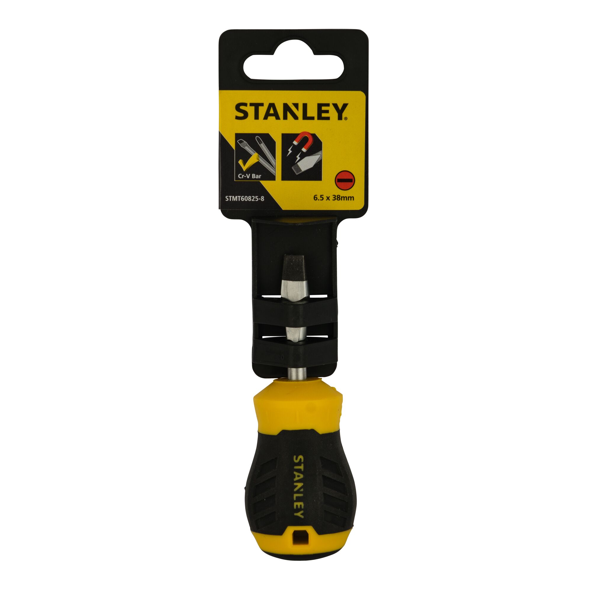 STANLEY STMT60825-8 stubby slotted screwdriver, yellow and black handle, front angle, on white background.