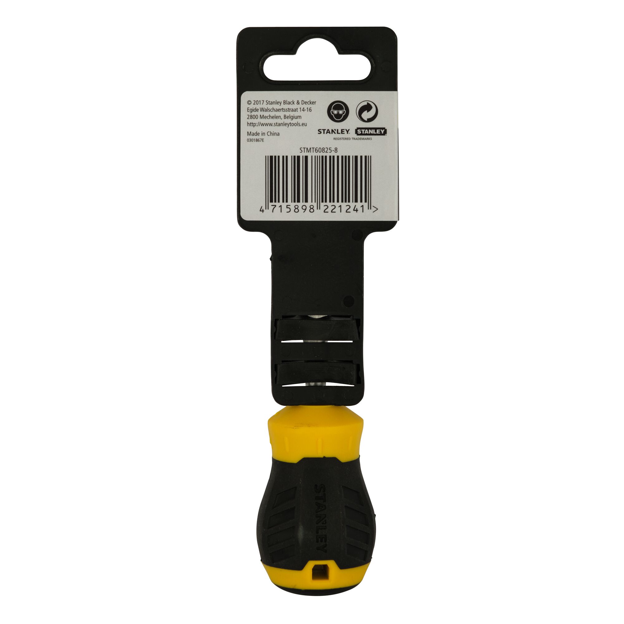 STANLEY STMT60825-8 screwdriver with yellow and black handle, rear view, on white background.