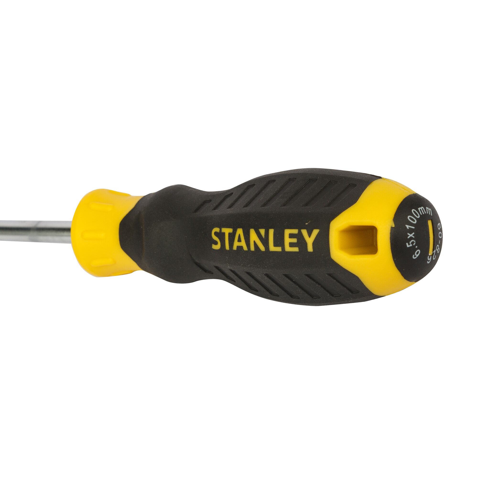 Stanley STMT60826-8 screwdriver, yellow and black handle, side angle, photography on white background.