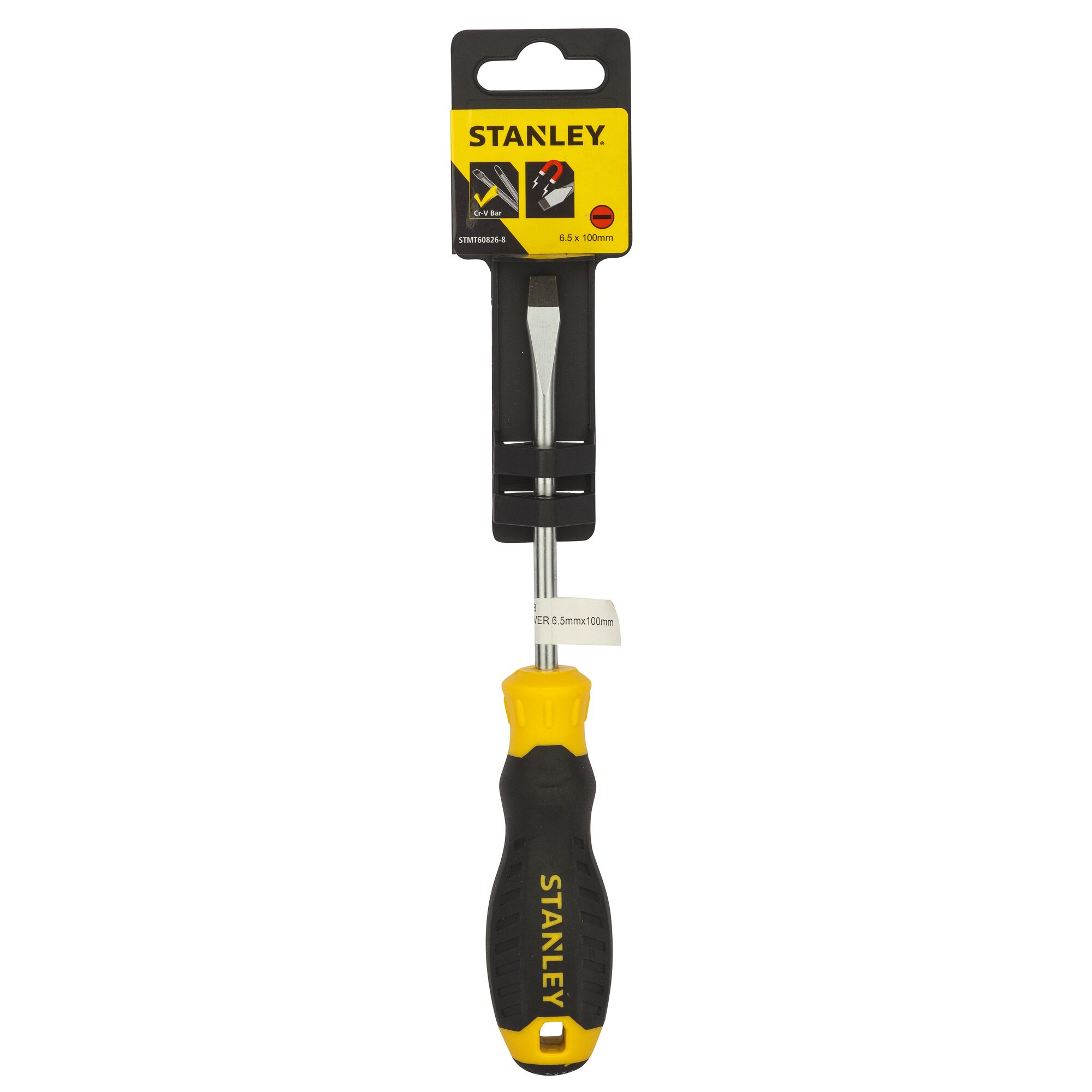 Stanley STMT60826-8 flat screwdriver with yellow and black handle, front view on white background.