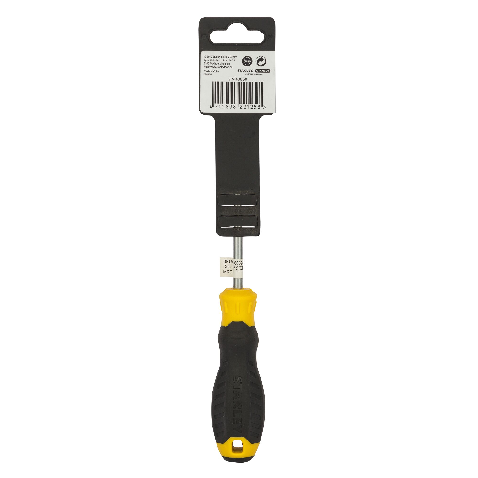 Stanley STMT60826-8 screwdriver with black and yellow handle, front angle, on white background.