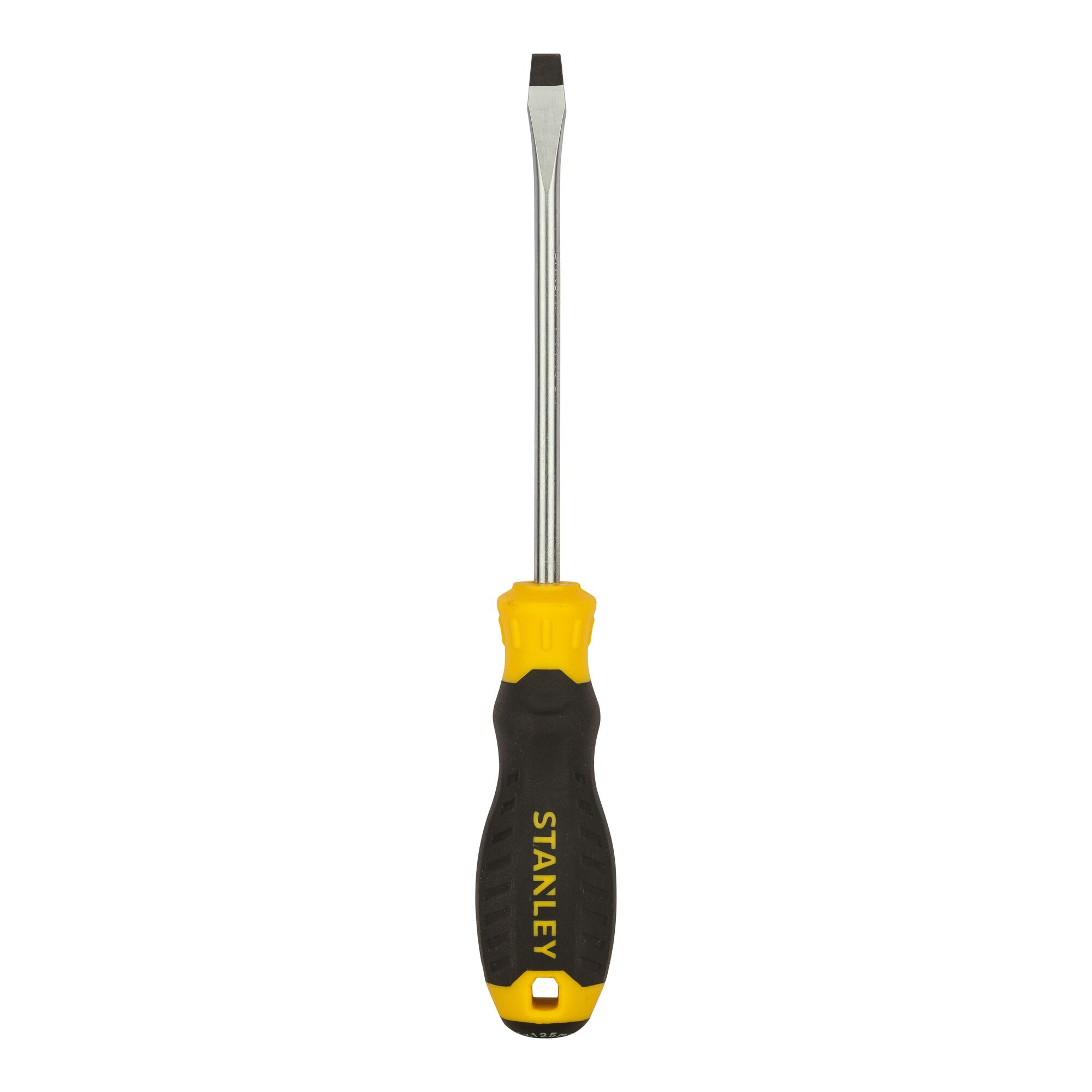 STANLEY STMT60827-8 flathead screwdriver, yellow and black handle, front angle, white background.