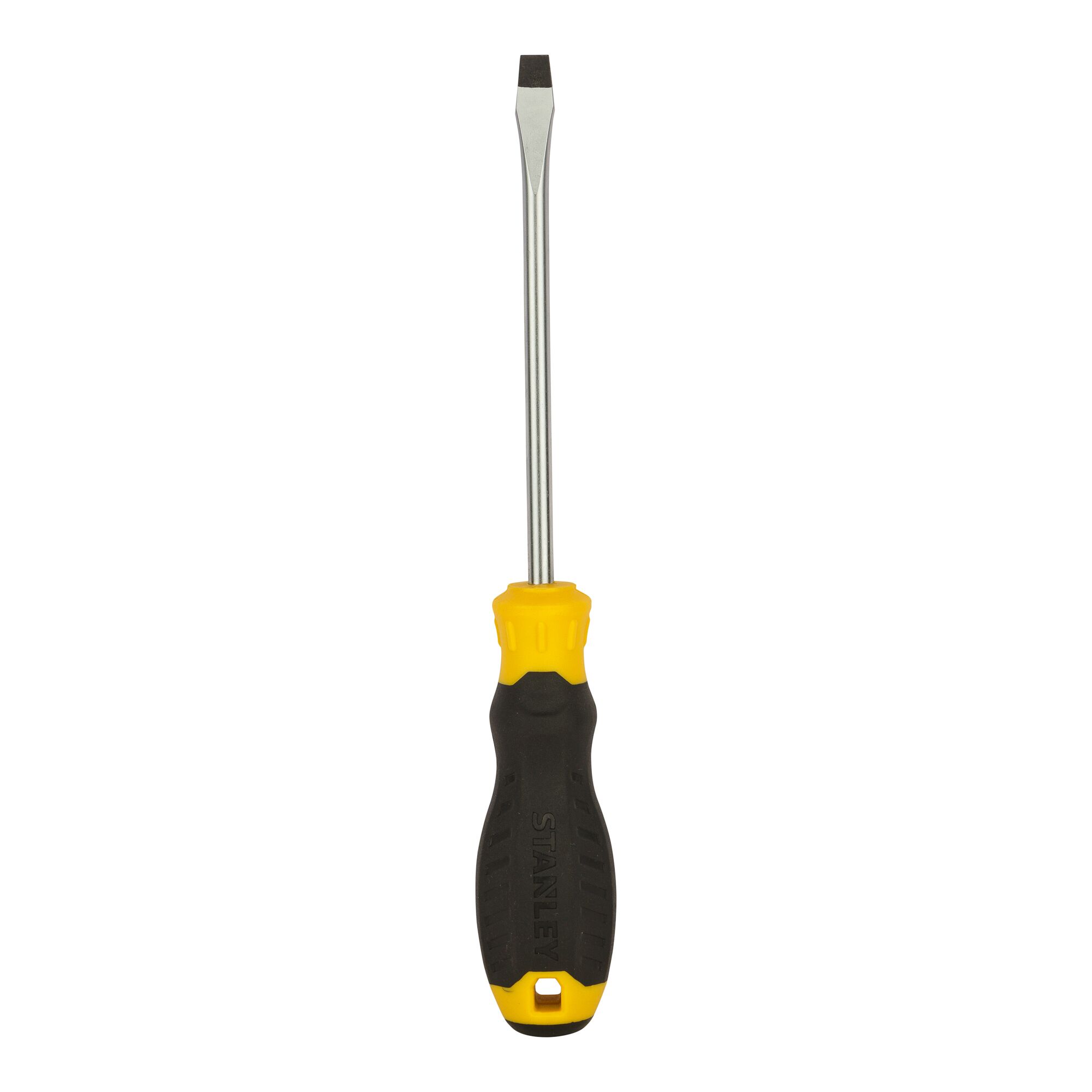 Stanley STMT60827-8 flathead screwdriver, black and yellow handle, front view, on white background.