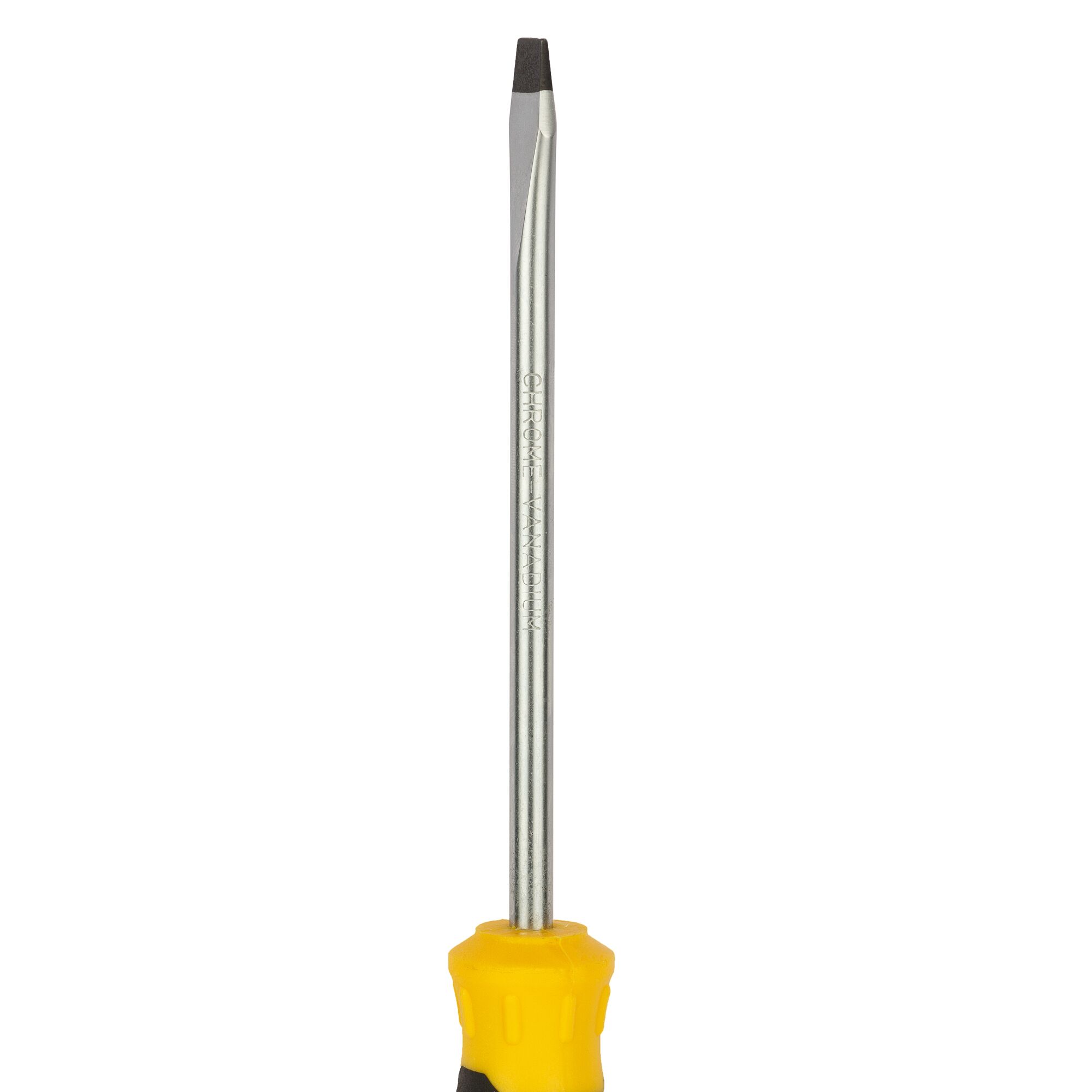 Stanley STMT60827-8 slotted screwdriver, yellow and black handle, front angle, isolated on white background.