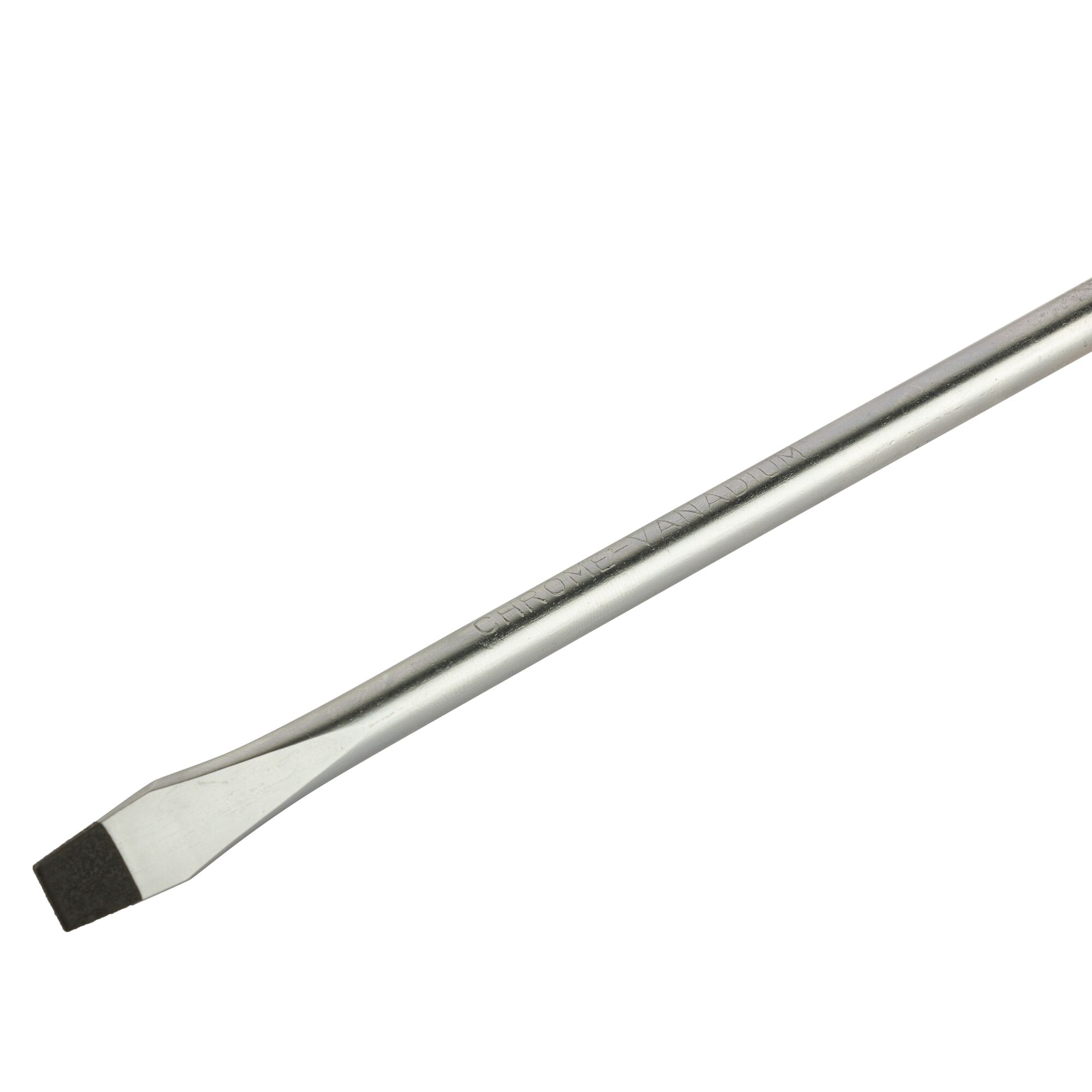 STANLEY STMT60827-8 flathead screwdriver, silver metal tool, side angle, white background.