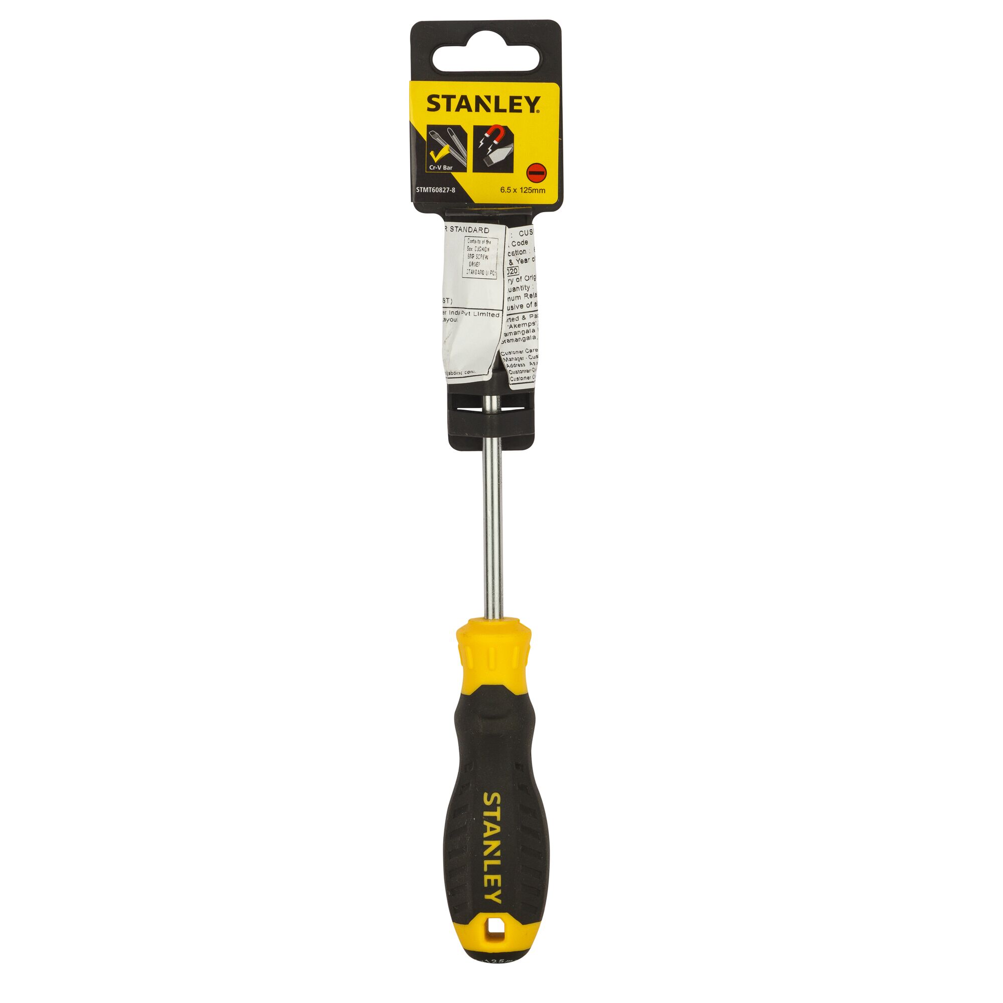 STANLEY STMT60827-8 flathead screwdriver with black and yellow handle, front angle, white background.