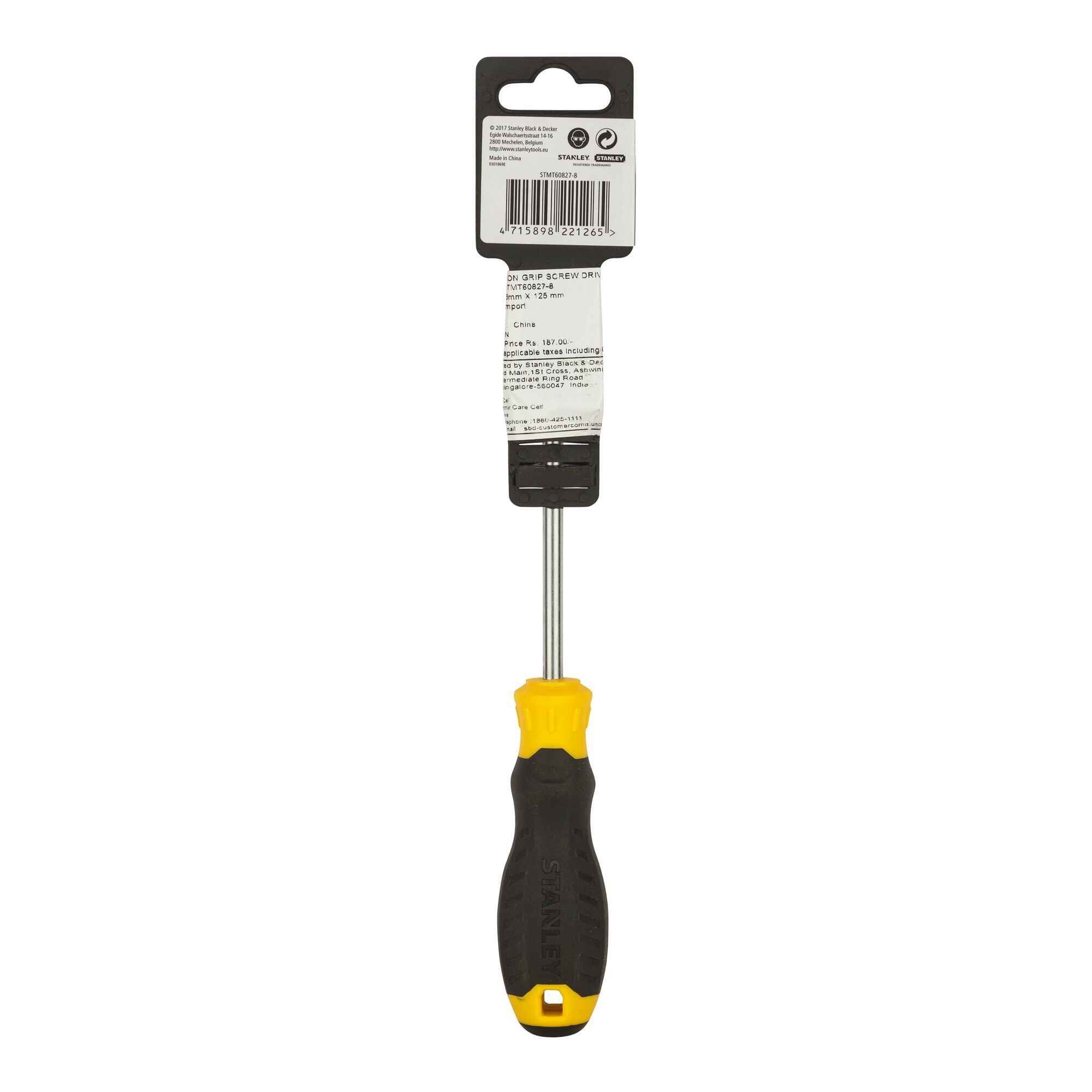 STANLEY STMT60827-8 screwdriver with yellow and black handle, front angle, photography on white background.