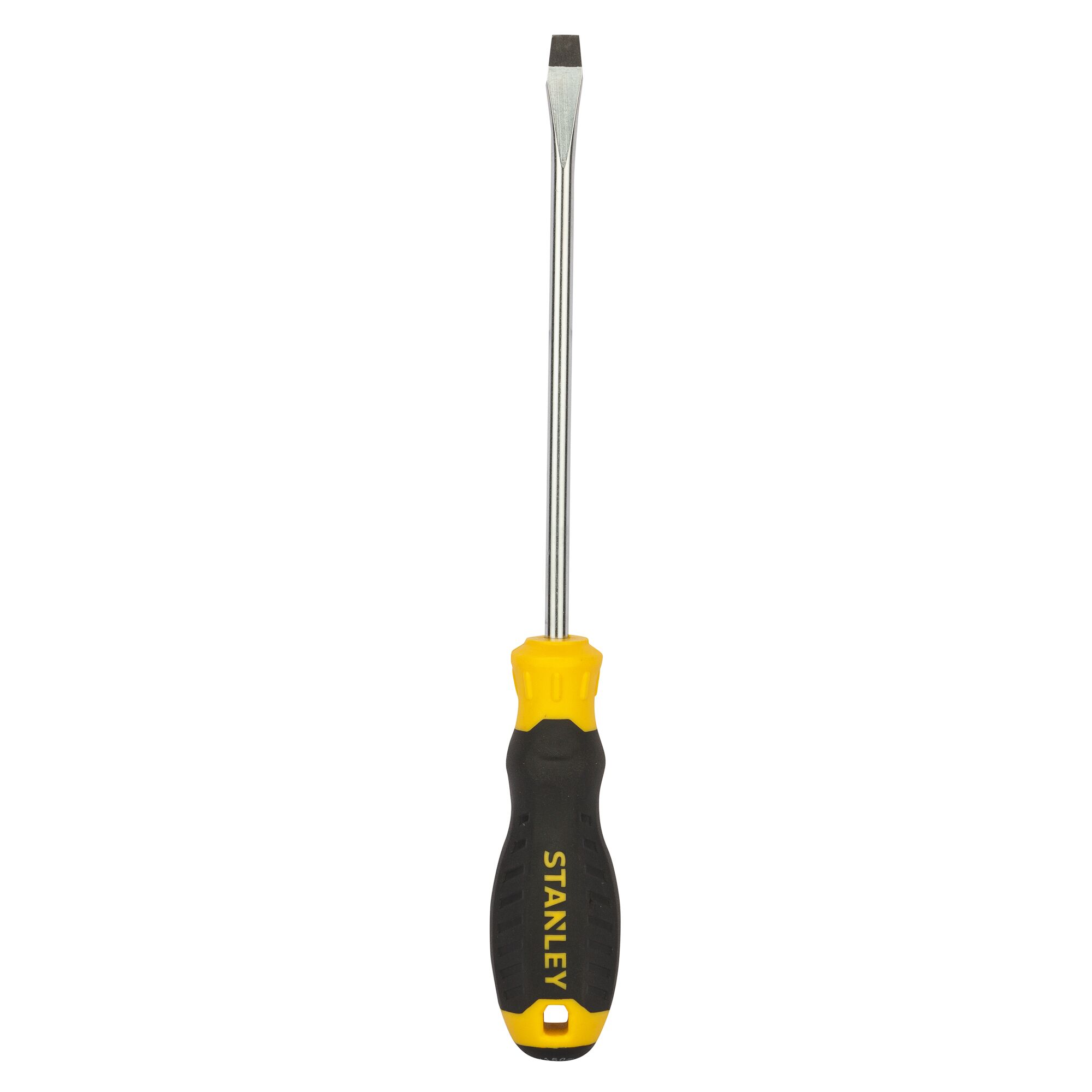 Stanley STMT60828-8 flathead screwdriver with black and yellow handle, product photography, front view.