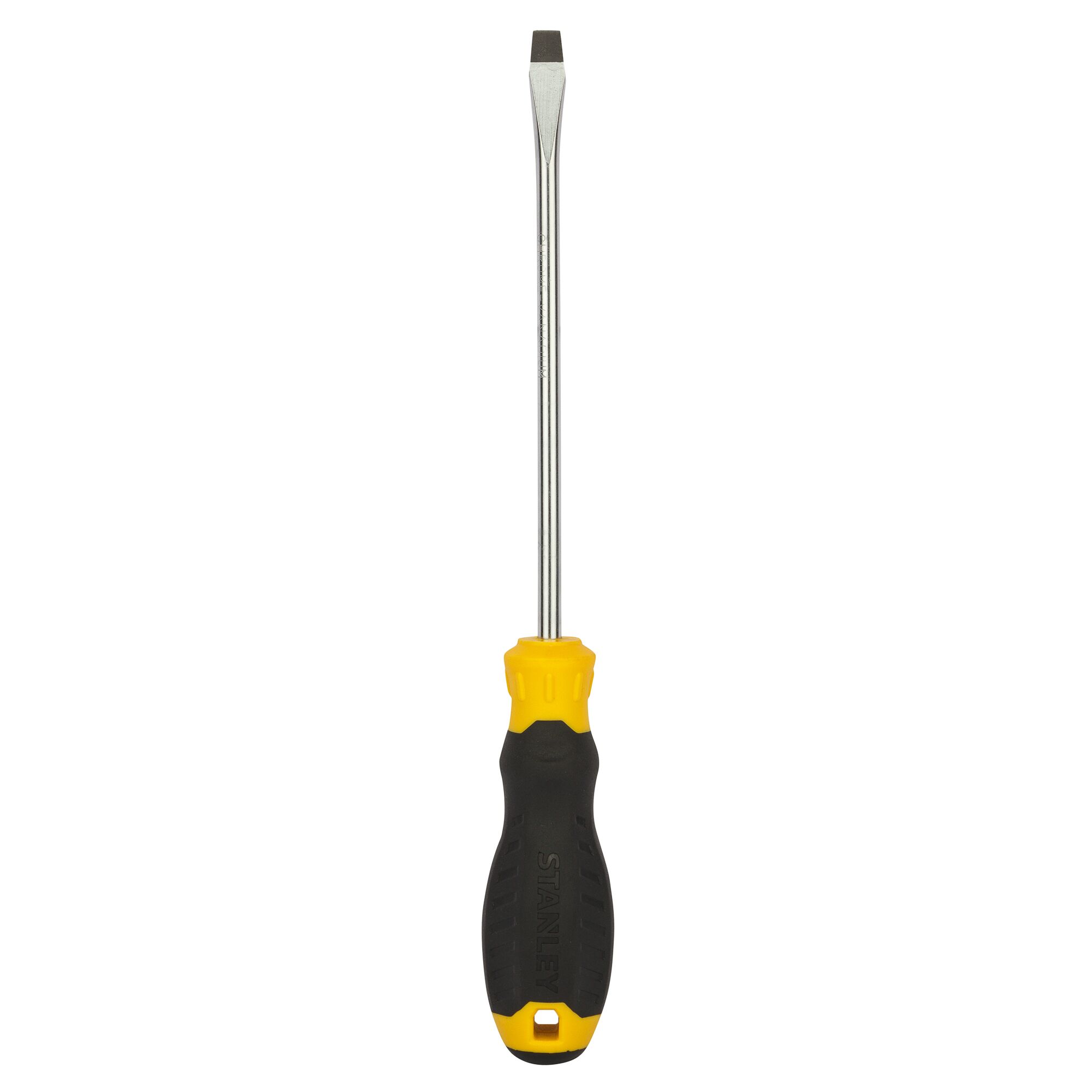 STANLEY STMT60828-8 slotted screwdriver with yellow and black handle, front view on white background.