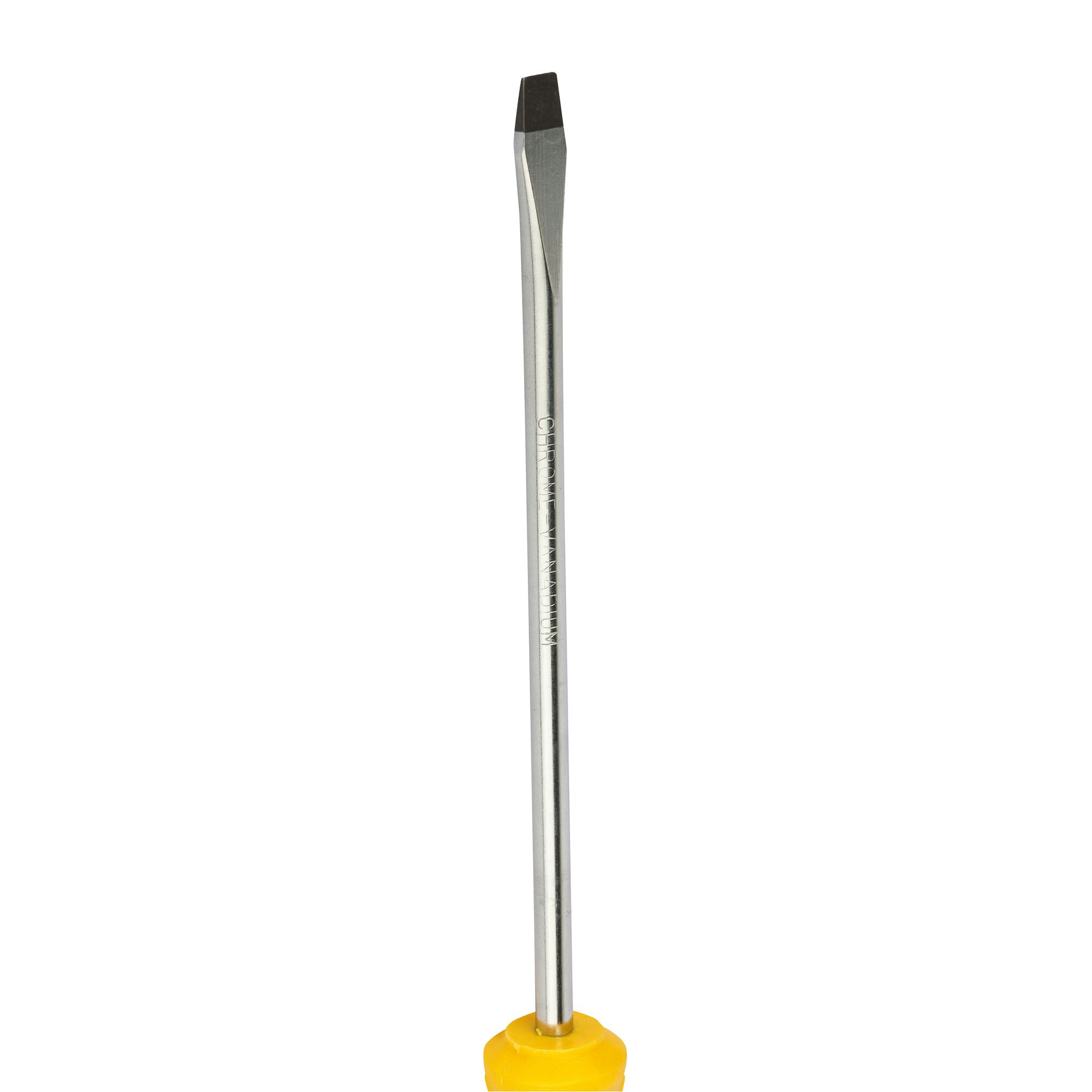 STANLEY STMT60828-8 flathead screwdriver with yellow handle, front angle, white background.