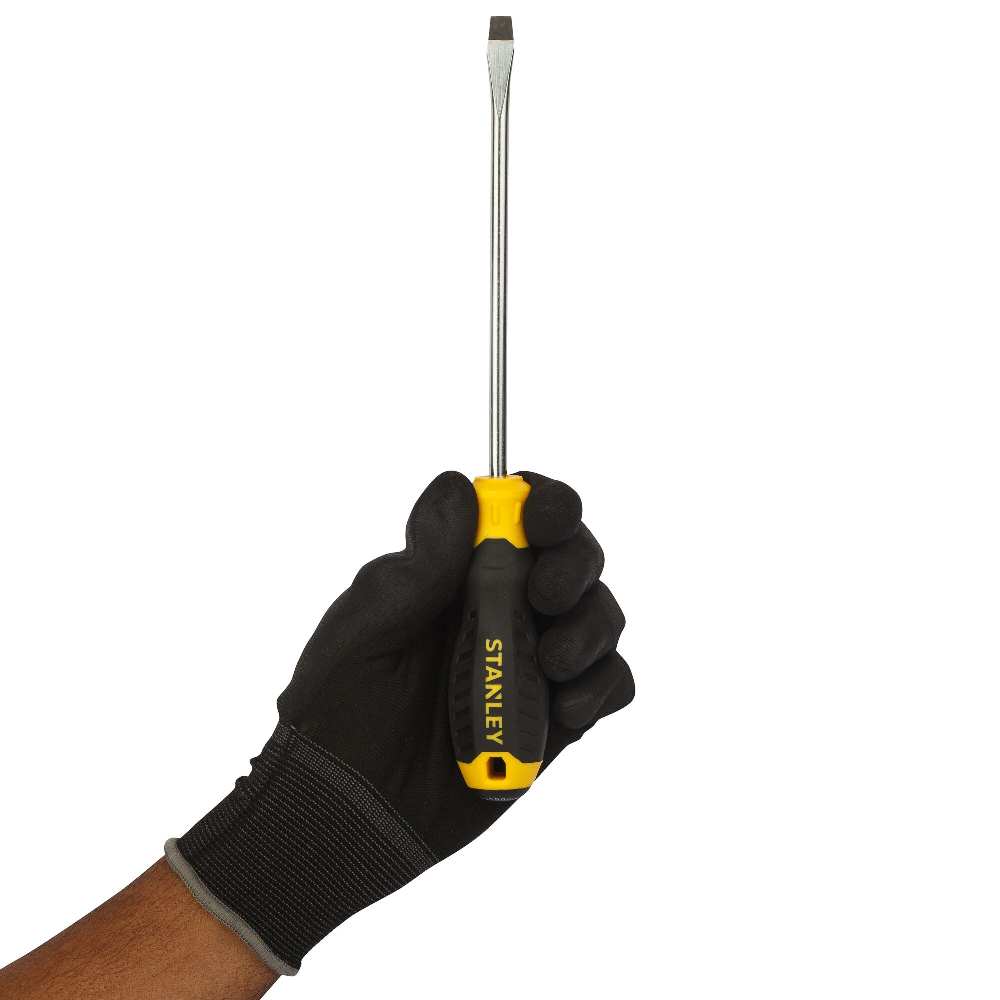 Photo of STANLEY STMT60828-8 flathead screwdriver with yellow and black handle held in a gloved hand, front angle.